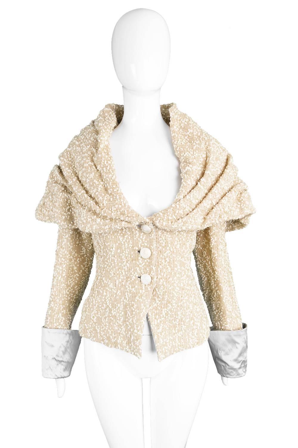 Beige Vintage Dramatic Shawl Collar Bouclé Wool Jacket, 1960s
