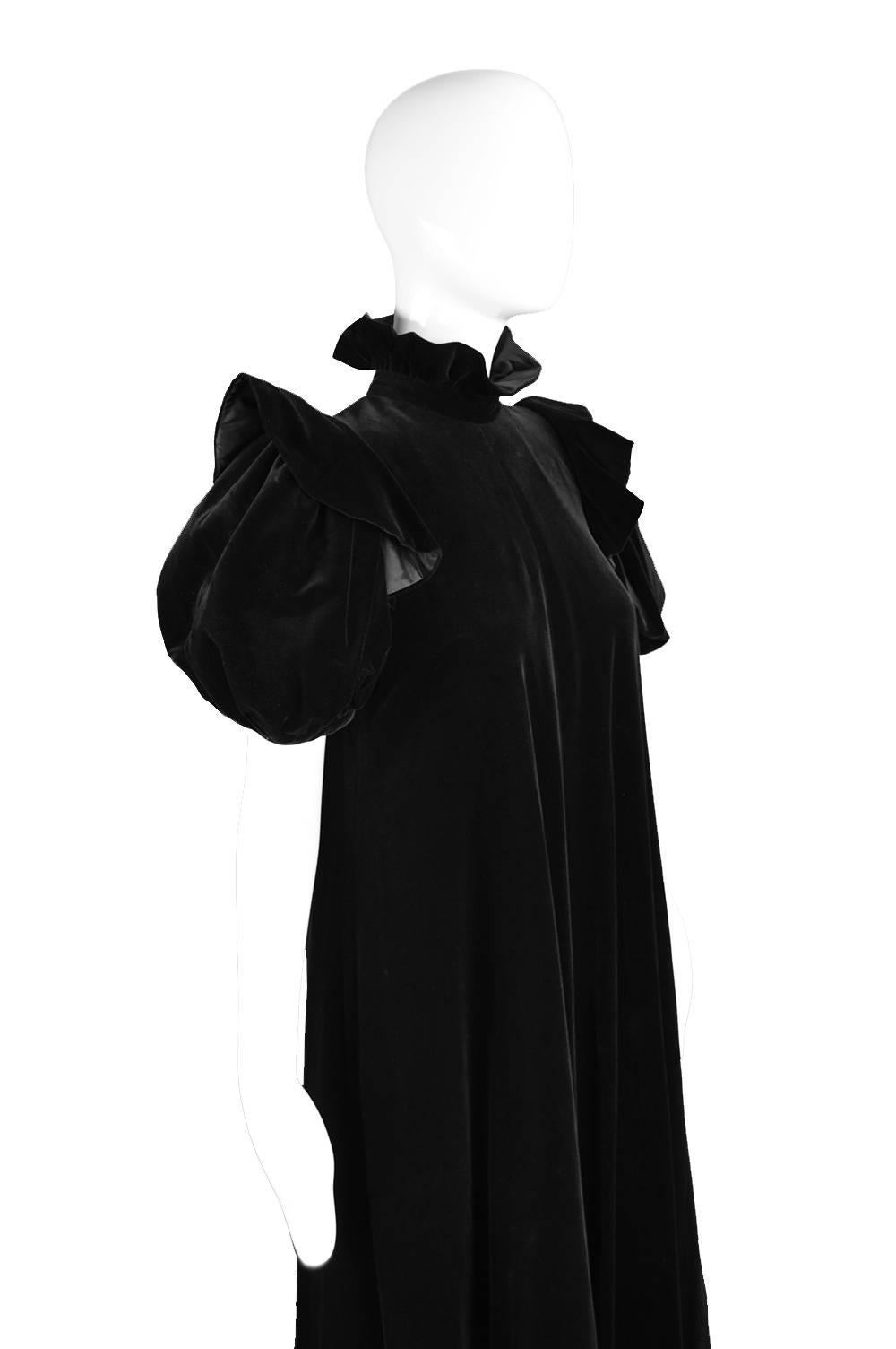 Women's Gina Fratini Black Velvet Gown with Dramatic Puff Sleeve, 1970s