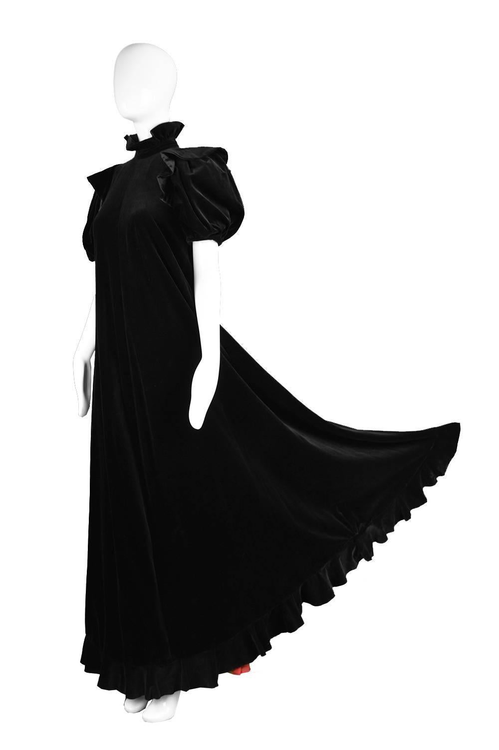 Gina Fratini Black Velvet Gown with Dramatic Puff Sleeve, 1970s 1