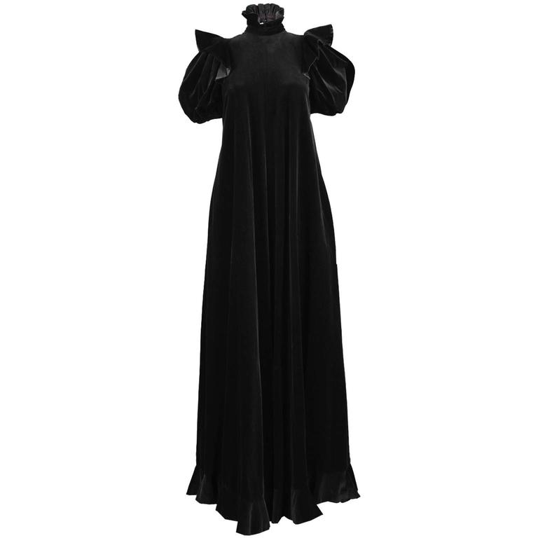 Gina Fratini Black Velvet Gown with Dramatic Puff Sleeve, 1970s at 1stDibs