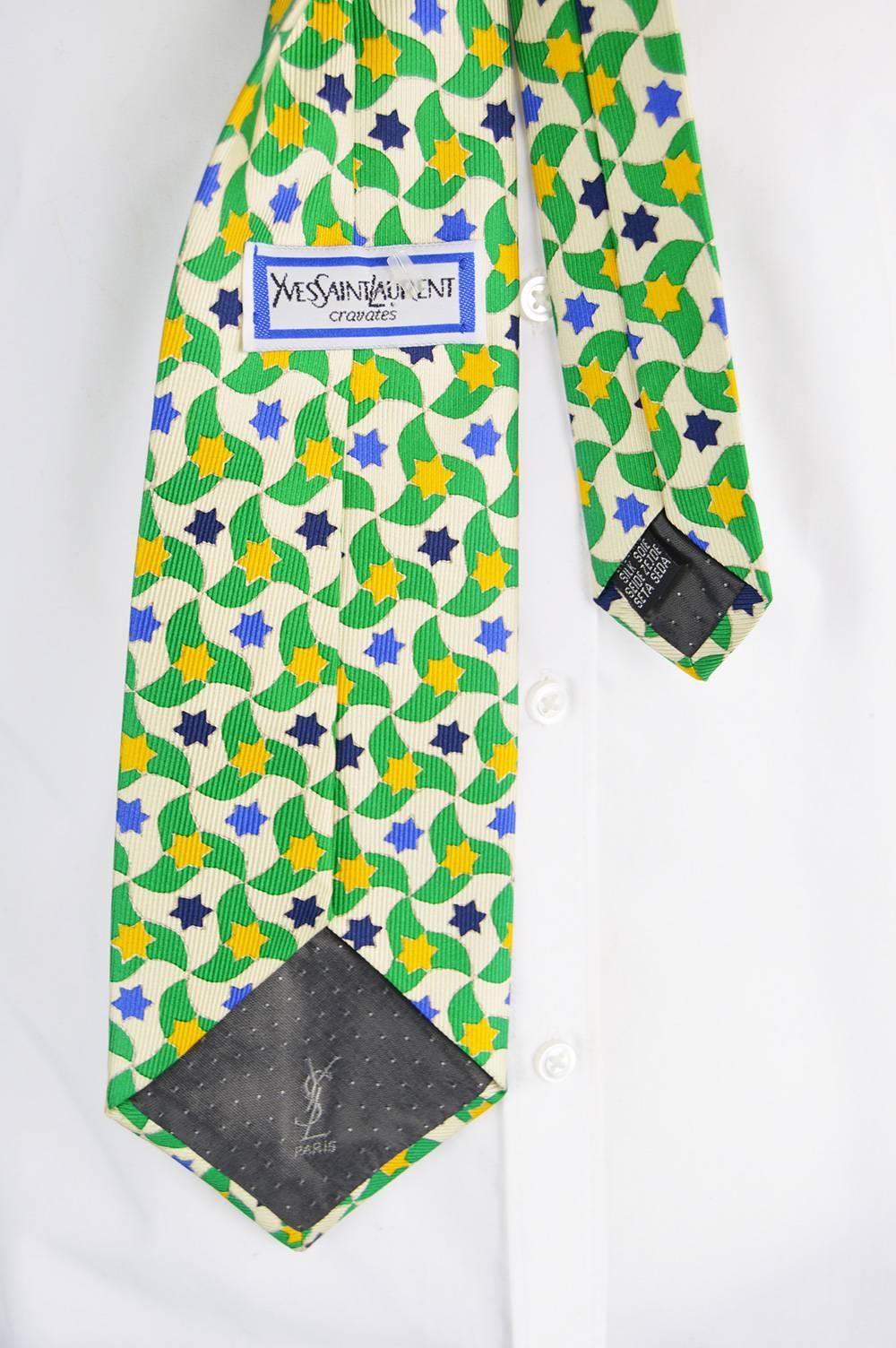 Green Yves Saint Laurent Men's Floral Silk Tie, 1970s