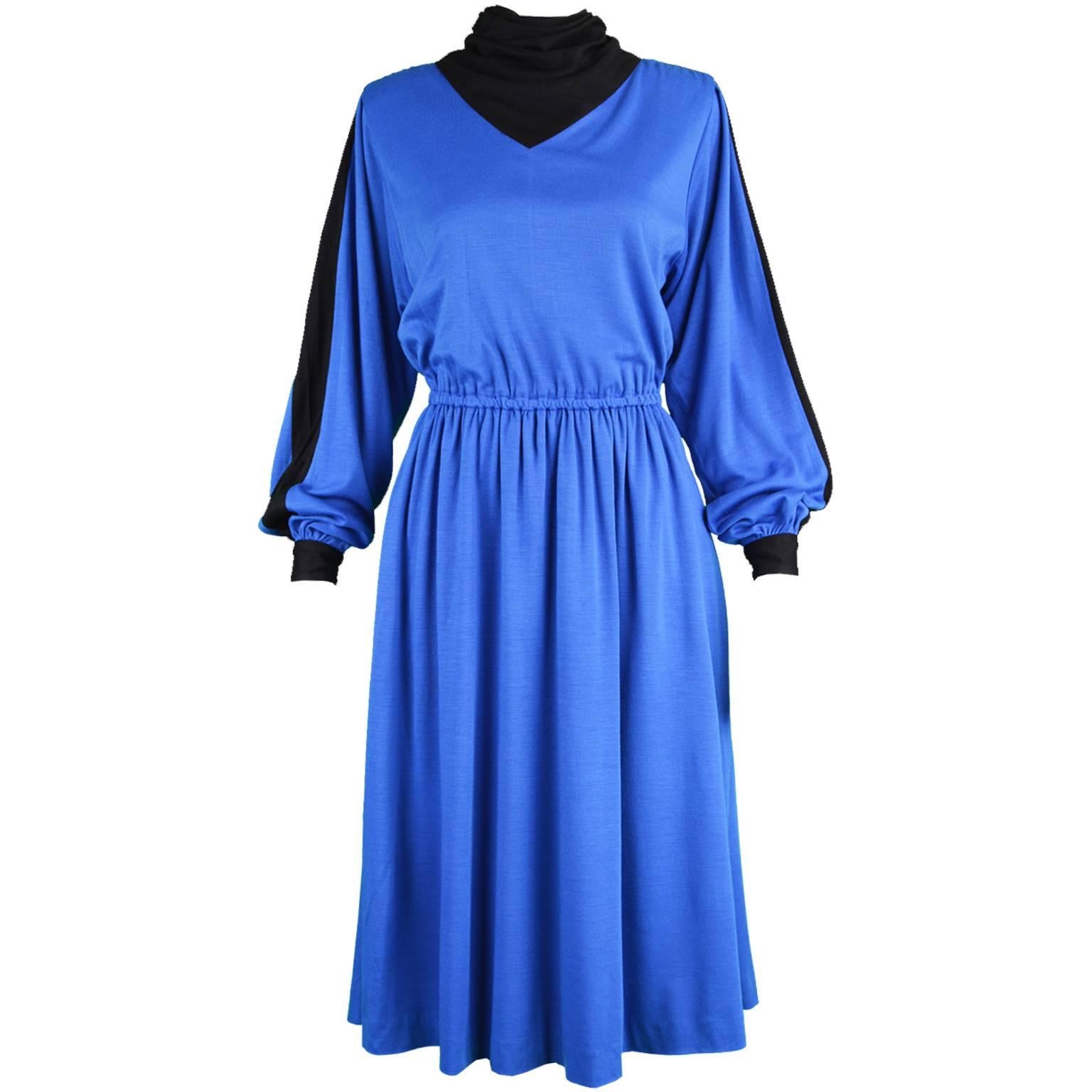 Akris Vintage Blue & Black Cowl Neck Dress, 1980s