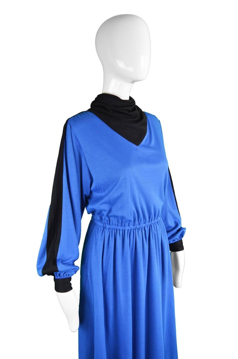 Akris Vintage Blue & Black Cowl Neck Dress, 1980s In Excellent Condition In Doncaster, South Yorkshire