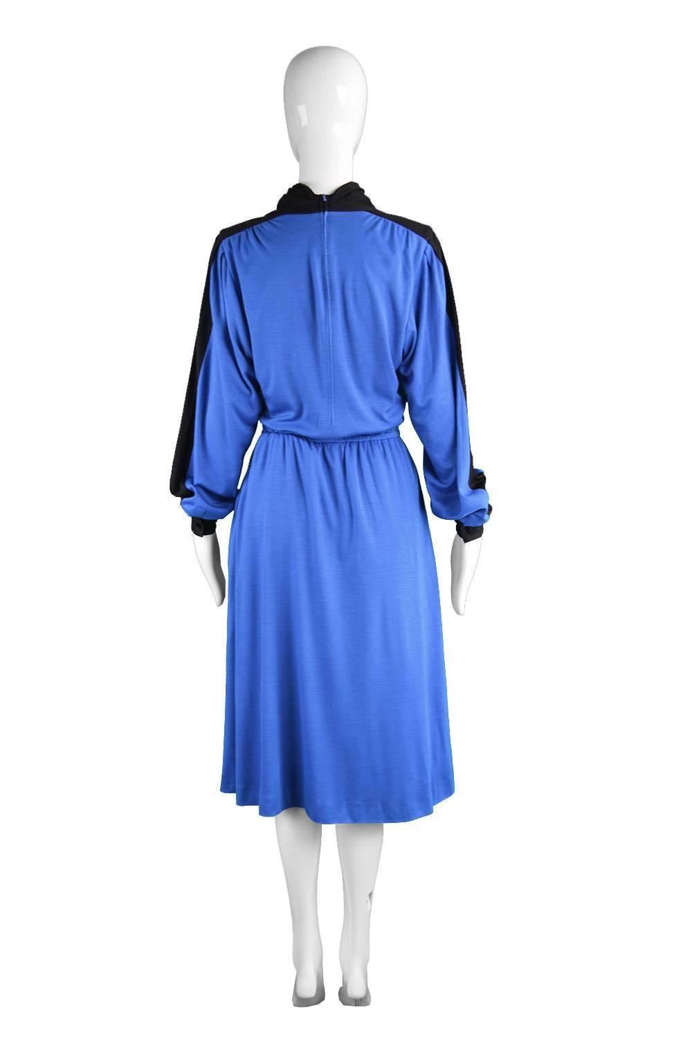 Akris Vintage Blue & Black Cowl Neck Dress, 1980s 2