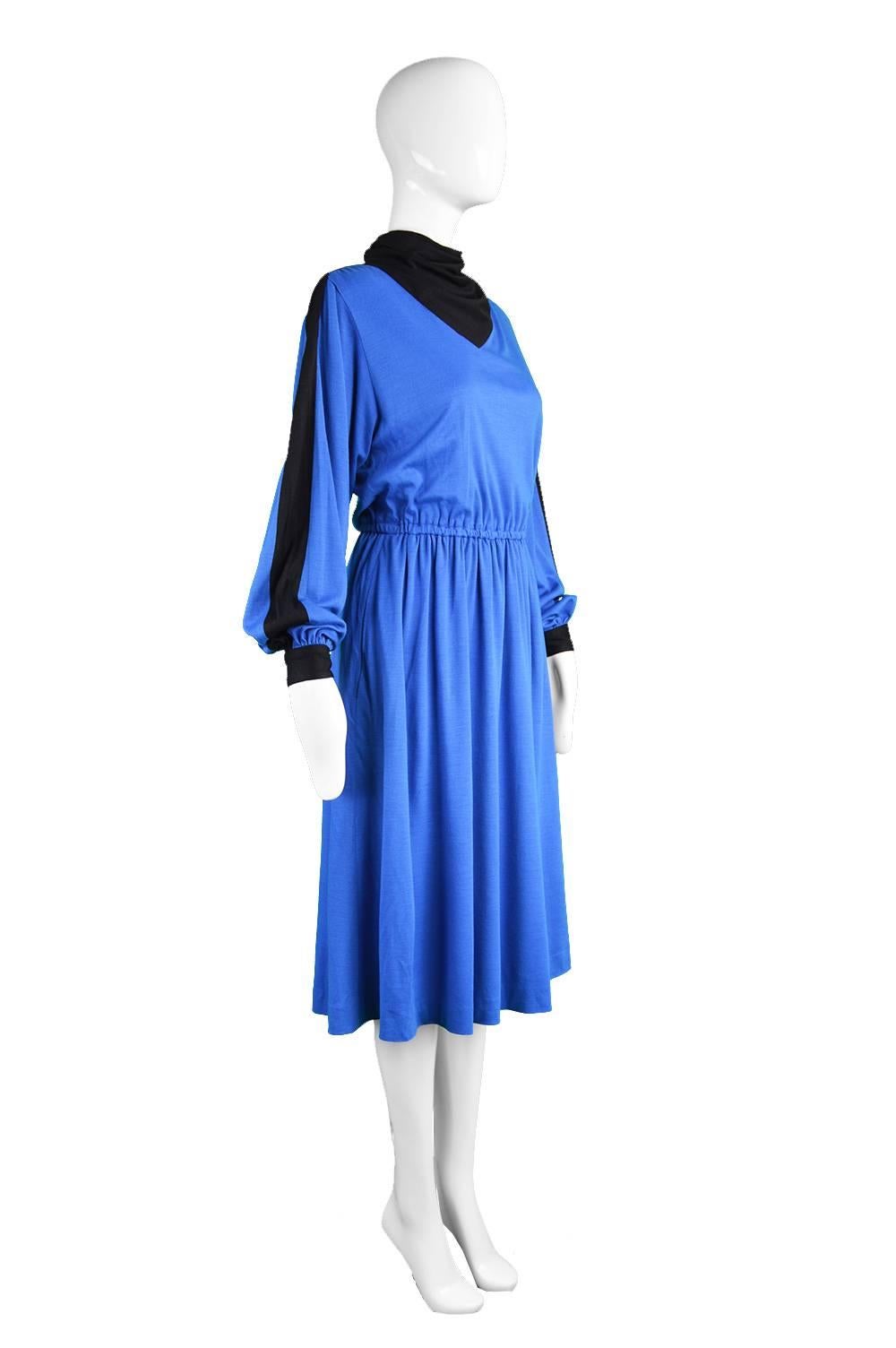 Women's Akris Vintage Blue & Black Cowl Neck Dress, 1980s