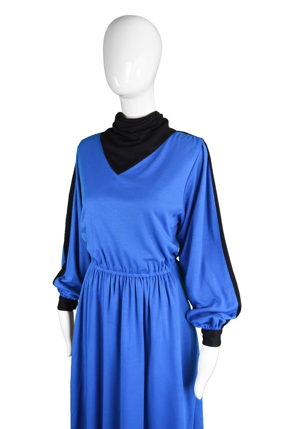 Akris Vintage Blue & Black Cowl Neck Dress, 1980s 1