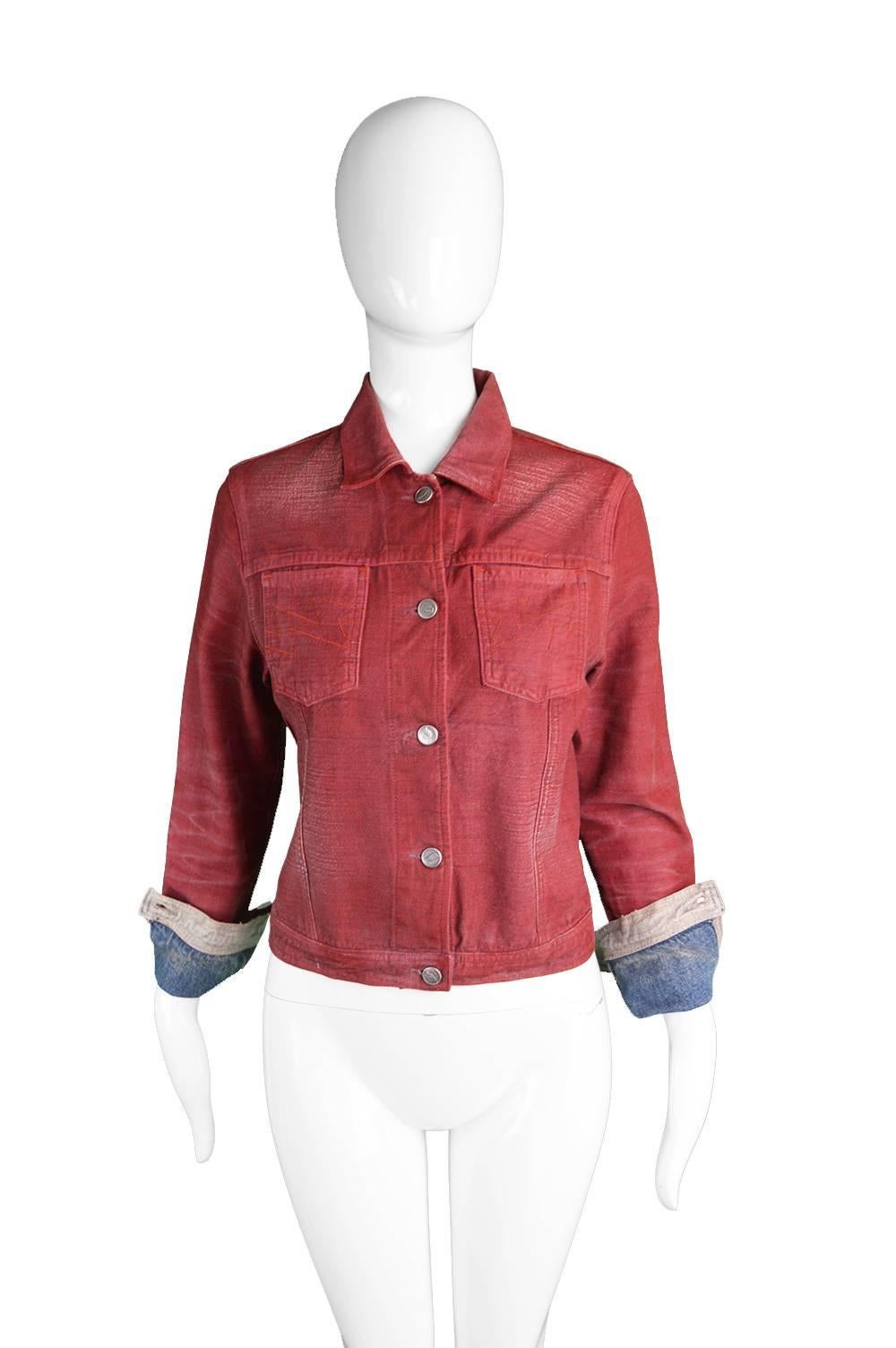 Brown Walter van Beirendonck Red Distressed Coated Women's Denim Jacket, 1990s