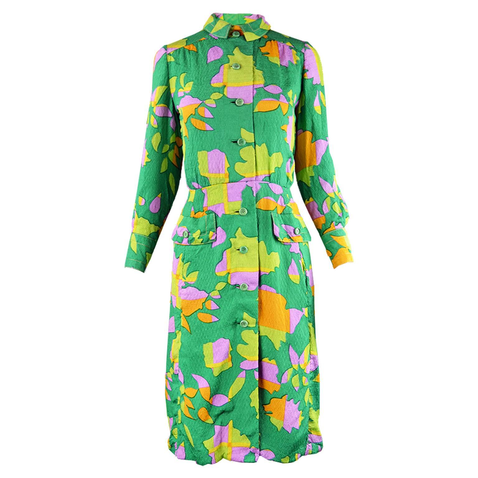 Galanos for Amelia Gray 1960s Vintage Green Tropical Textured Silk Dress