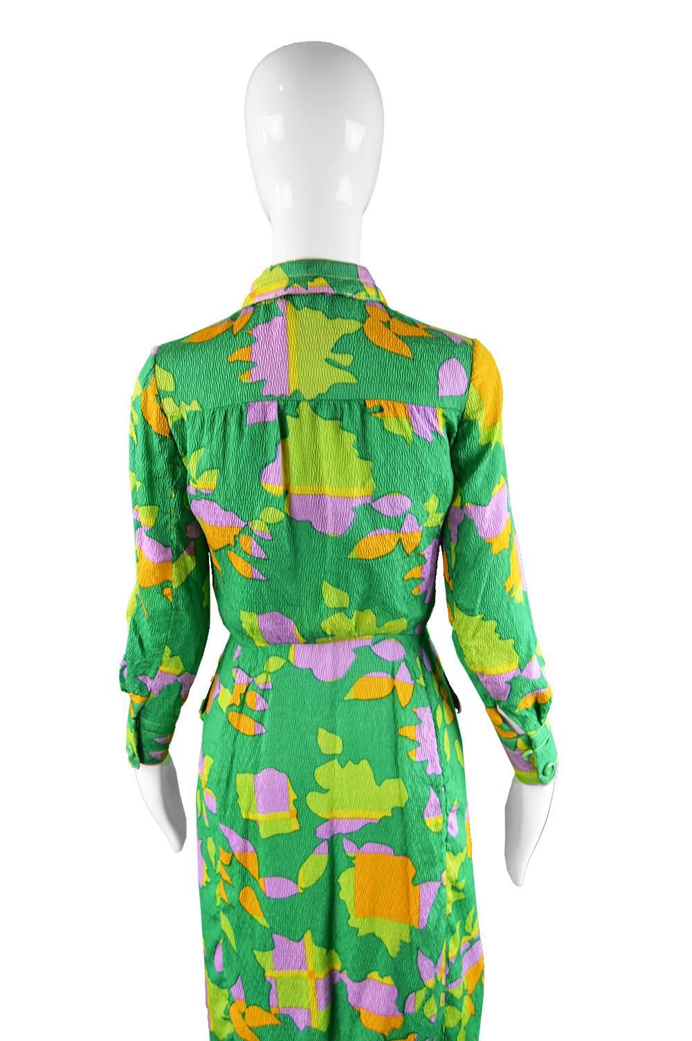 Galanos for Amelia Gray 1960s Vintage Green Tropical Textured Silk Dress 1