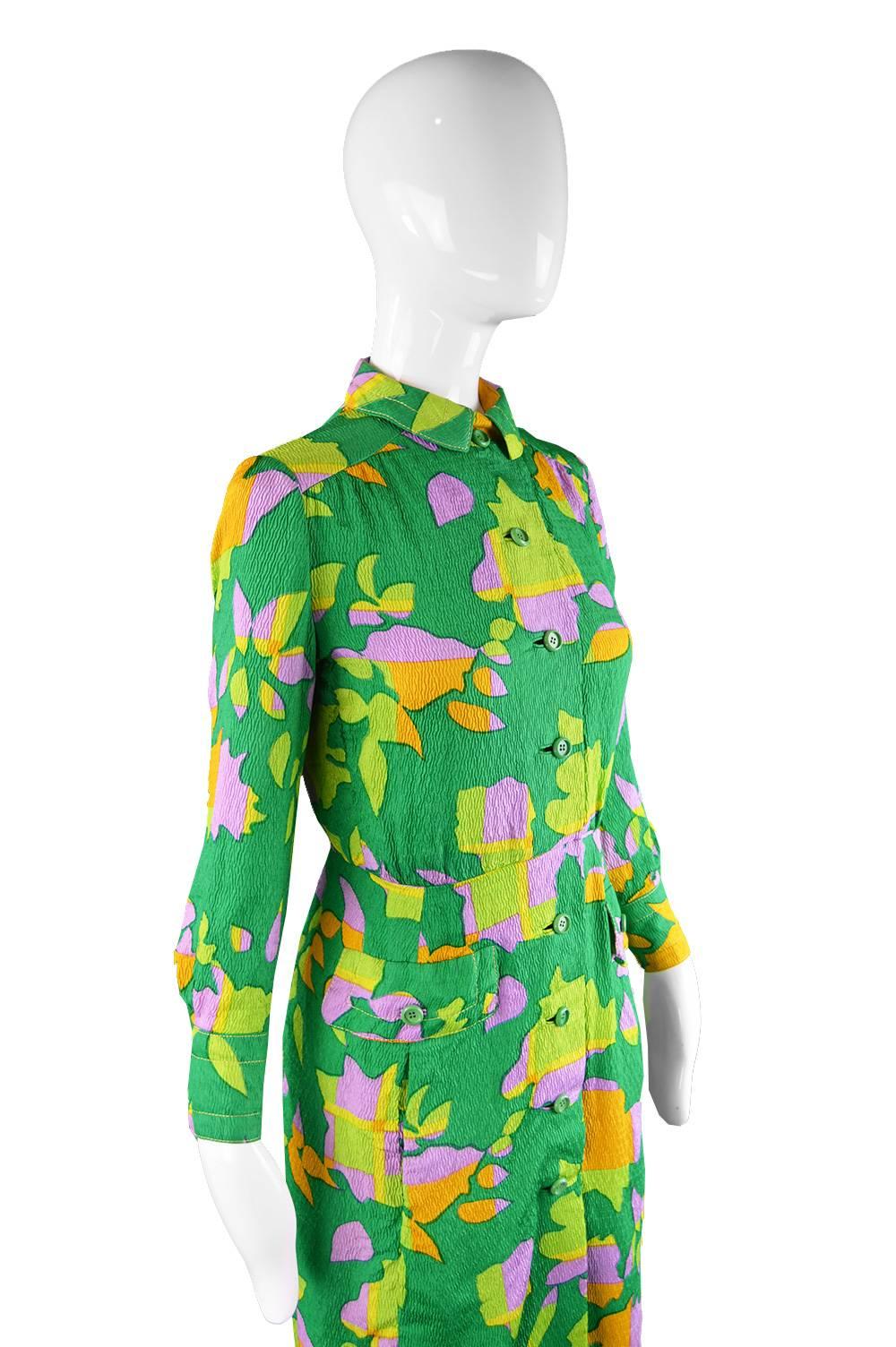 Women's Galanos for Amelia Gray 1960s Vintage Green Tropical Textured Silk Dress