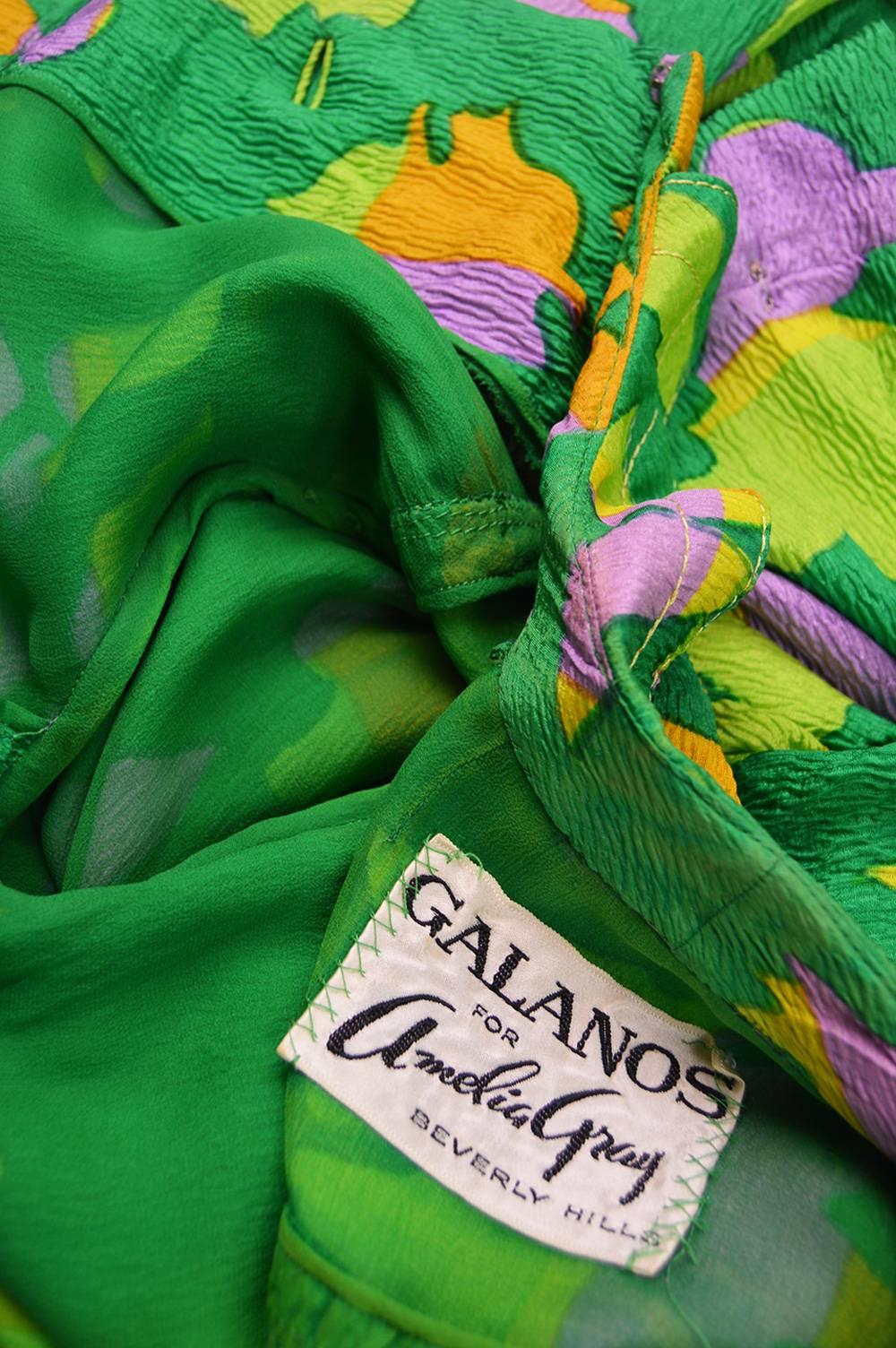 Galanos for Amelia Gray 1960s Vintage Green Tropical Textured Silk Dress 3