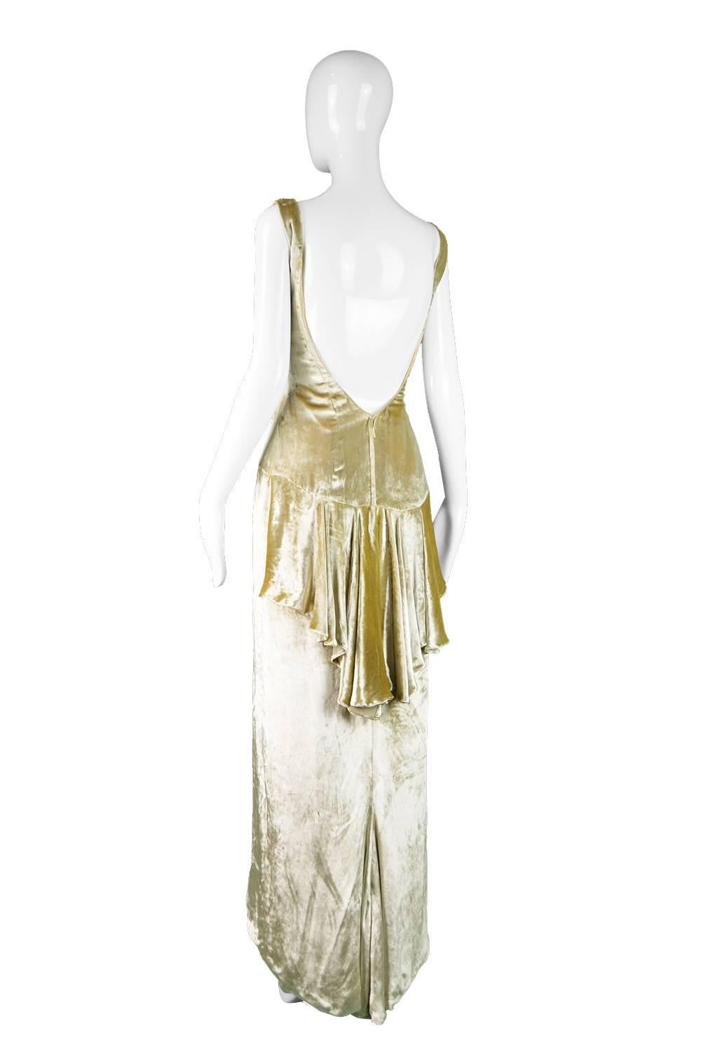 Women's David Fielden Pale Gold Silk Velvet Evening Gown with Back Bustle, 1990s