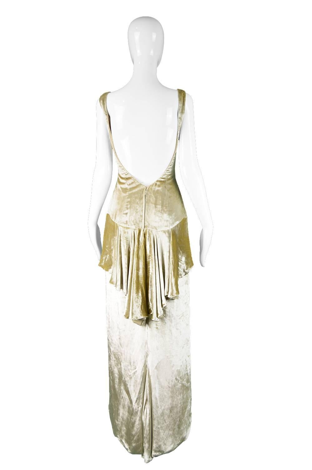 David Fielden Pale Gold Silk Velvet Evening Gown with Back Bustle, 1990s For Sale 5