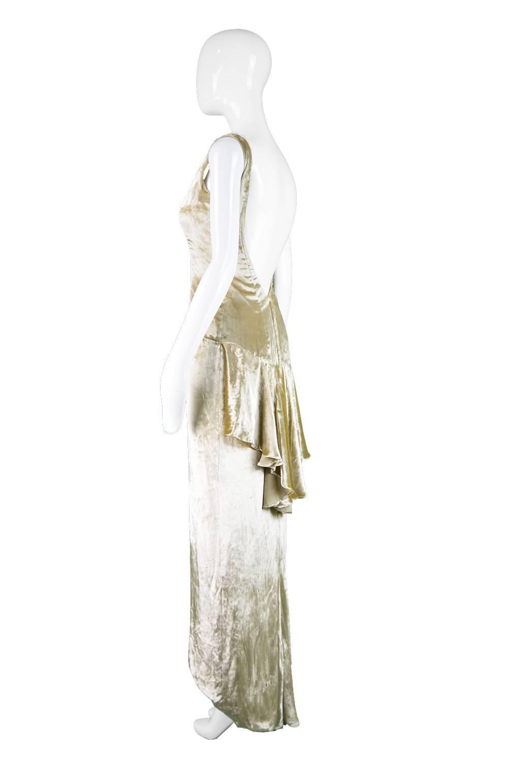 David Fielden Pale Gold Silk Velvet Evening Gown with Back Bustle, 1990s For Sale 3