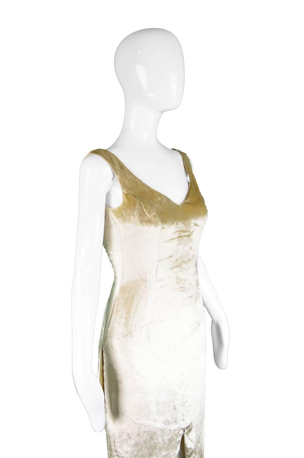 David Fielden Pale Gold Silk Velvet Evening Gown with Back Bustle, 1990s For Sale 2