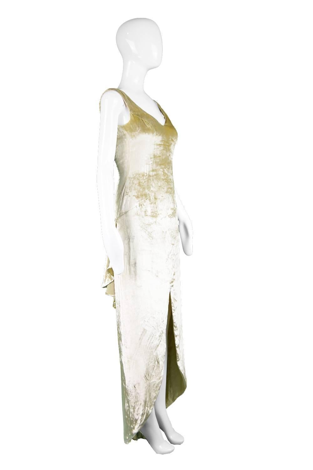 David Fielden Pale Gold Silk Velvet Evening Gown with Back Bustle, 1990s 1