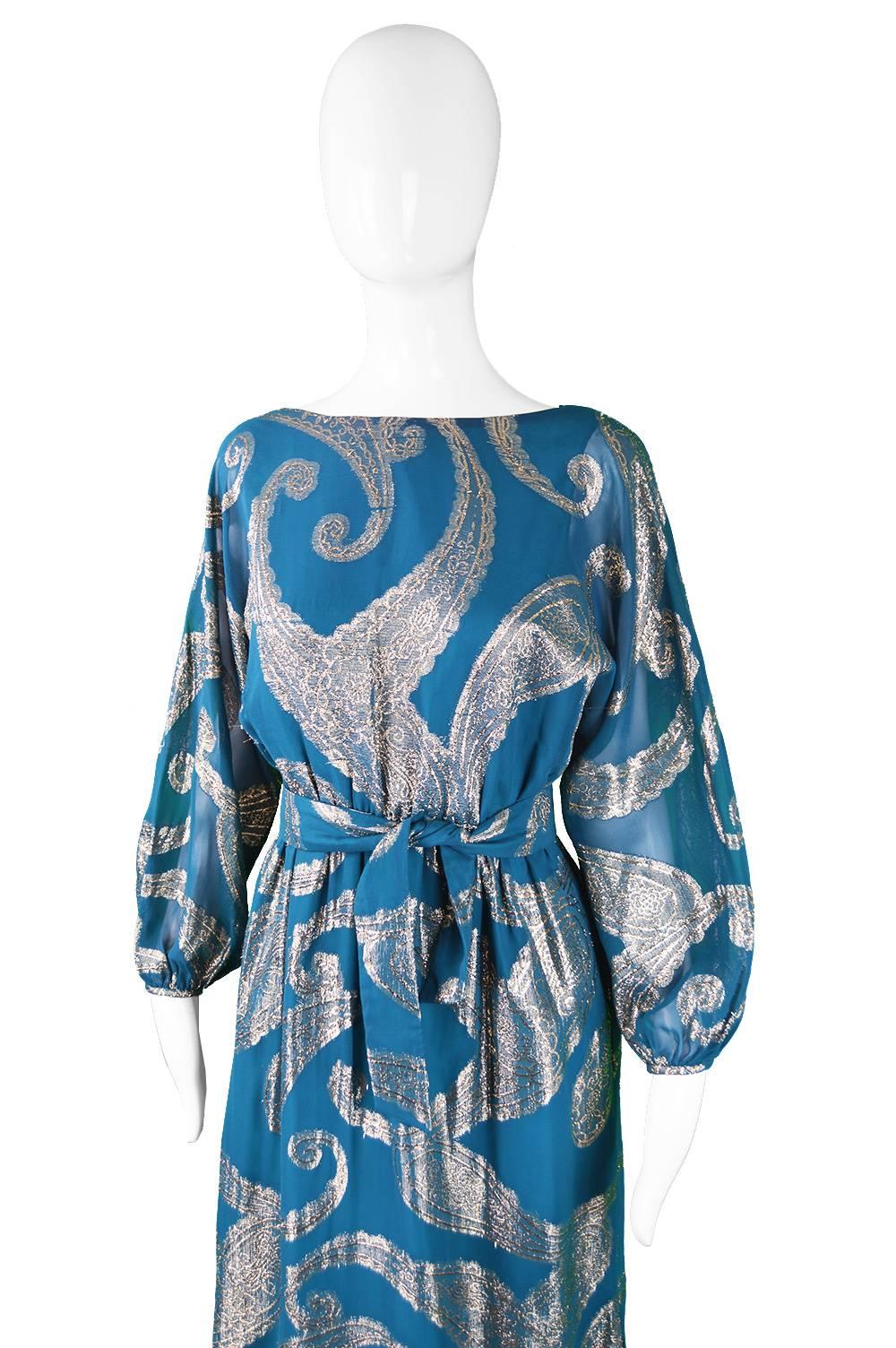 Victor Costa Vintage Gold Paisley Brocade & Teal Chiffon Maxi Dress, 1970s In Excellent Condition In Doncaster, South Yorkshire