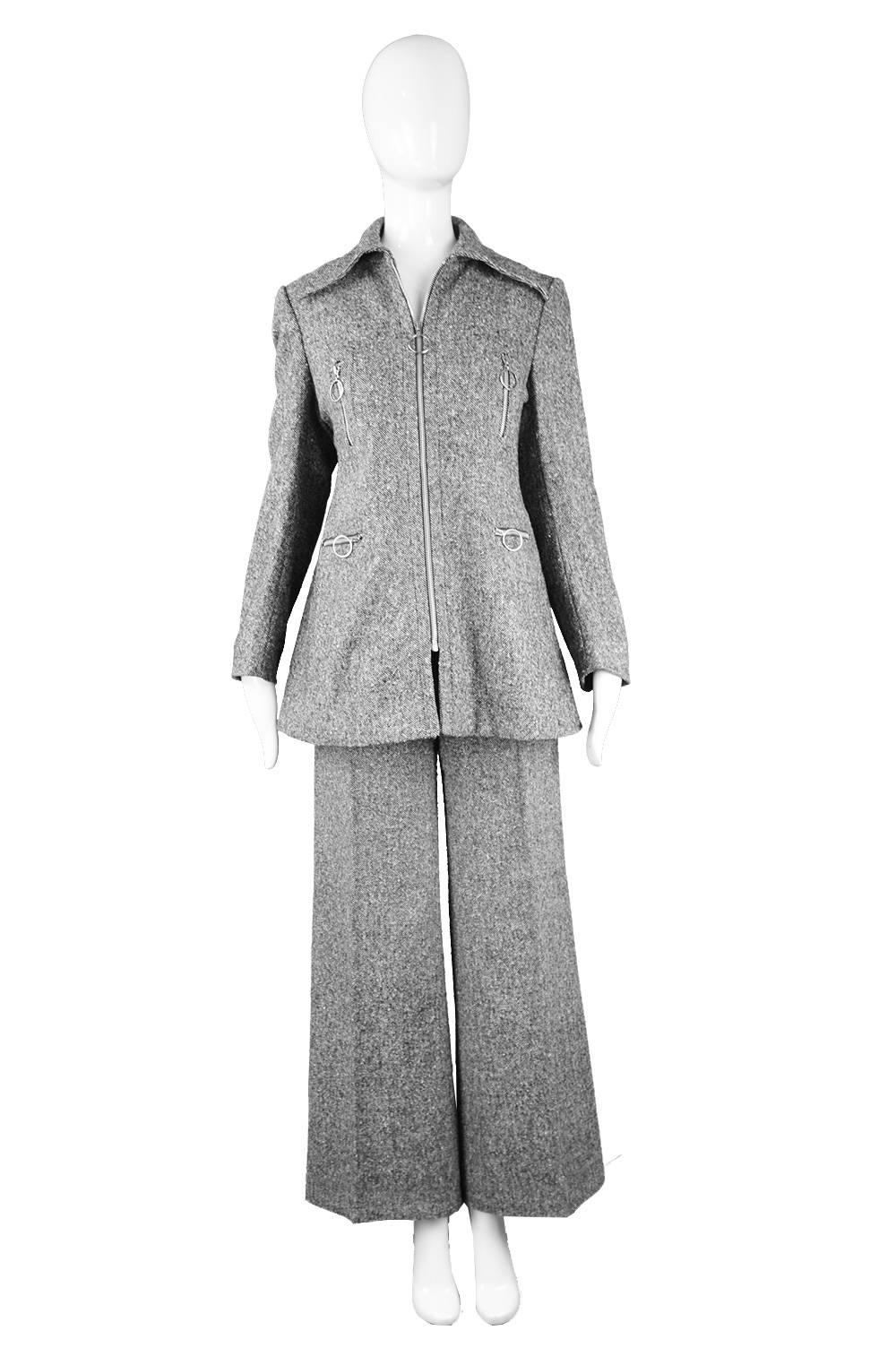 Ted Lapidus Vintage Grey Wool Tweed Womens Flared Pant Suit, 1970s In Excellent Condition For Sale In Doncaster, South Yorkshire