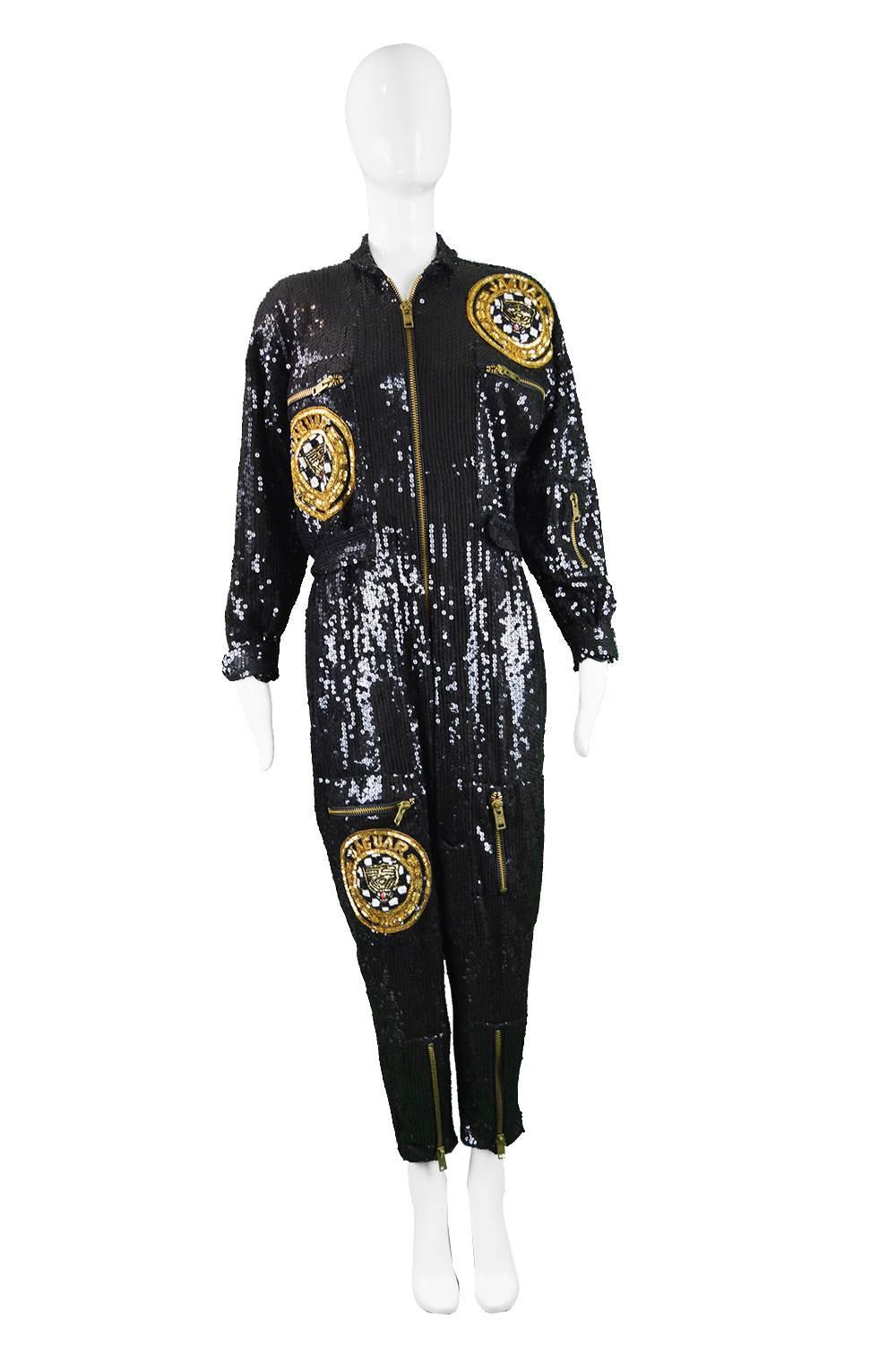 An incredible and rare vintage women's jumpsuit/ boiler suit from the 1980's by genius and highly collectible vintage designer Jeanette Kastenberg. Covered completely in black sequins with white and gold sequins and bugle beads embellishing the