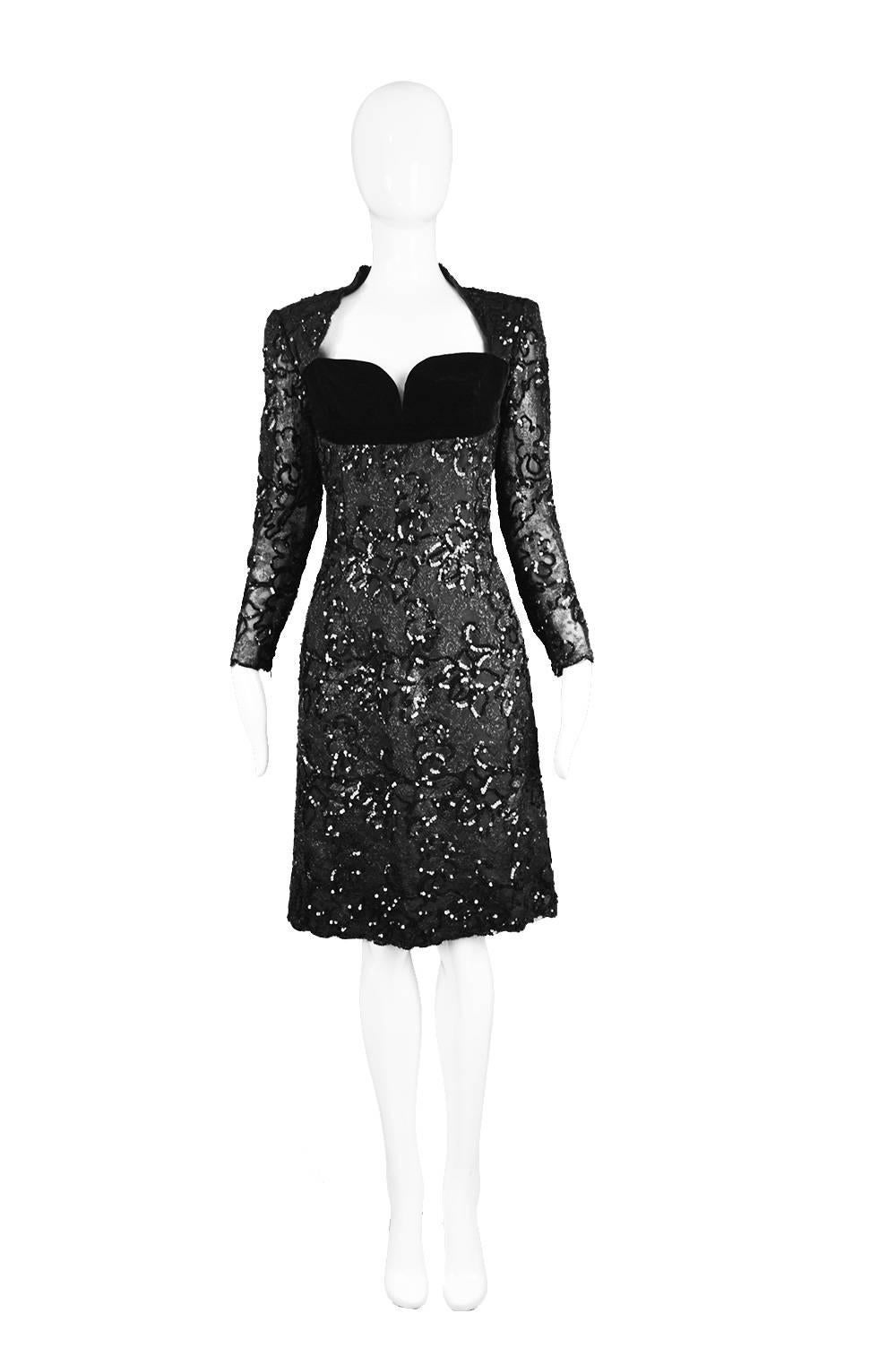 A sexy and elegant vintage Givenchy Couture dress from the Autumn Winter 1991 - 1992 collection. In an opulent black lace with beading and lame embellishments throughout and sheer sleeves for a truly classy look. The bust is black velvet glamorously