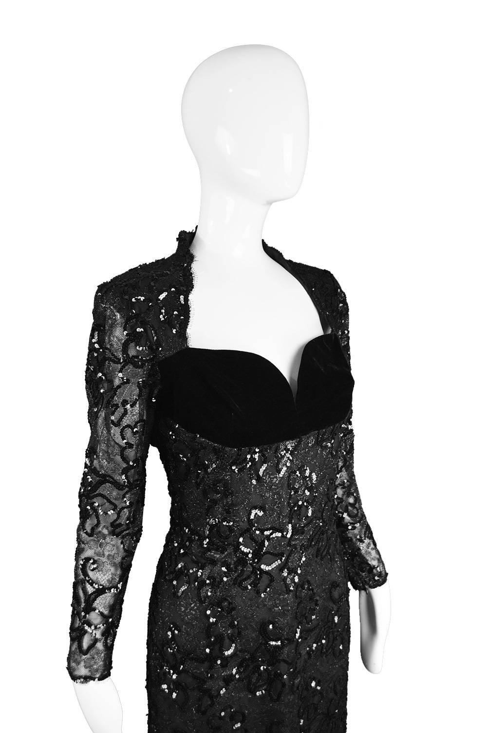 Black Givenchy Couture Unworn Vintage Lace, Sequin & Velvet Party Dress, A/W 1991