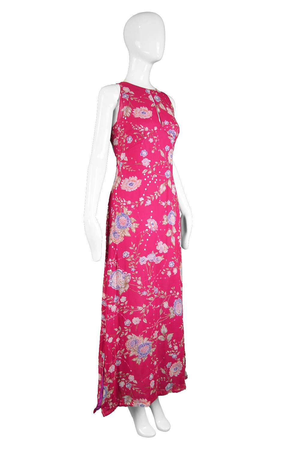 Emanuel Ungaro Vintage Fuschia Silk Floral Asian Maxi Dress, 1990s For Sale 3