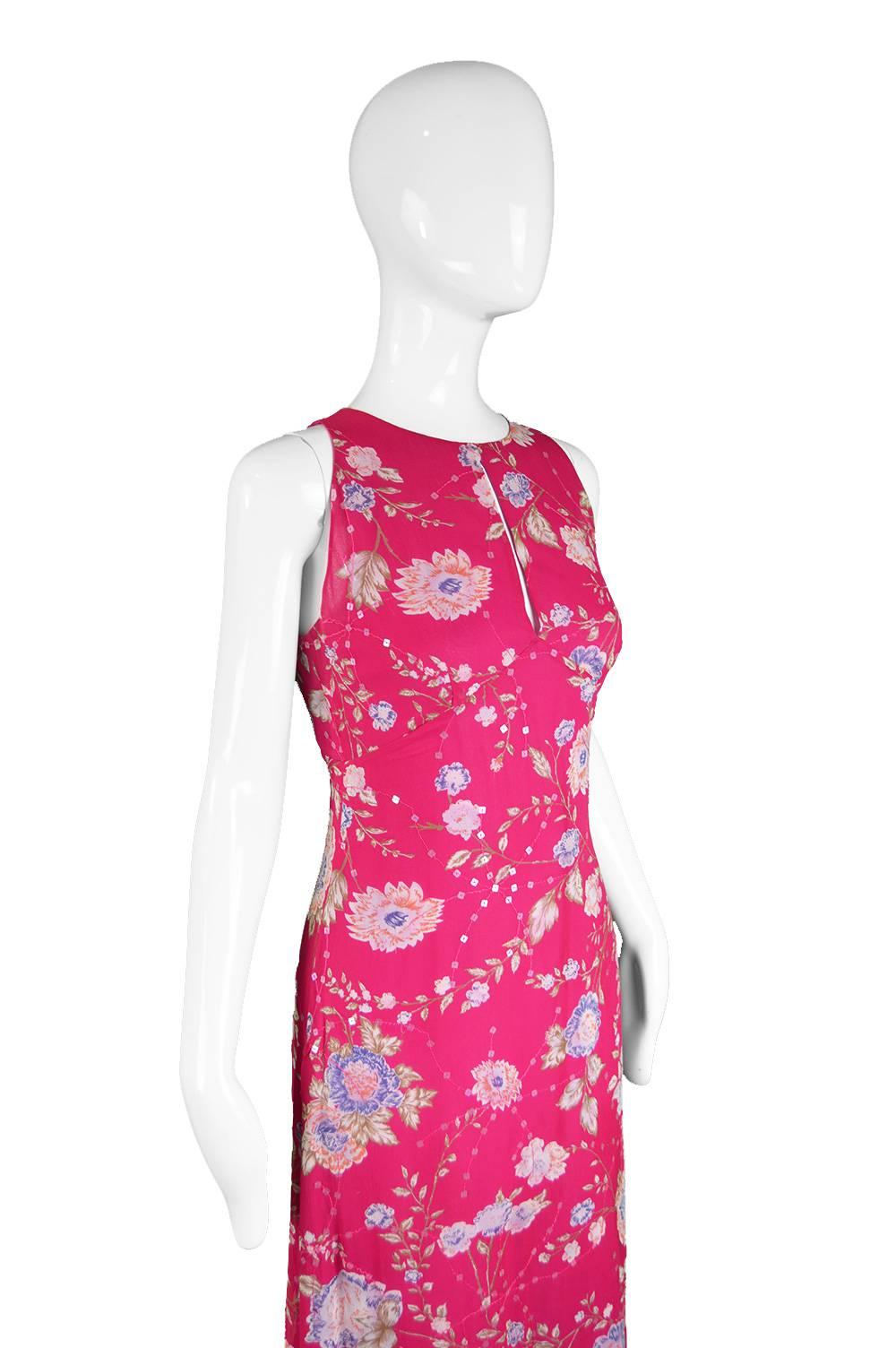 Women's Emanuel Ungaro Vintage Fuschia Silk Floral Asian Maxi Dress, 1990s For Sale