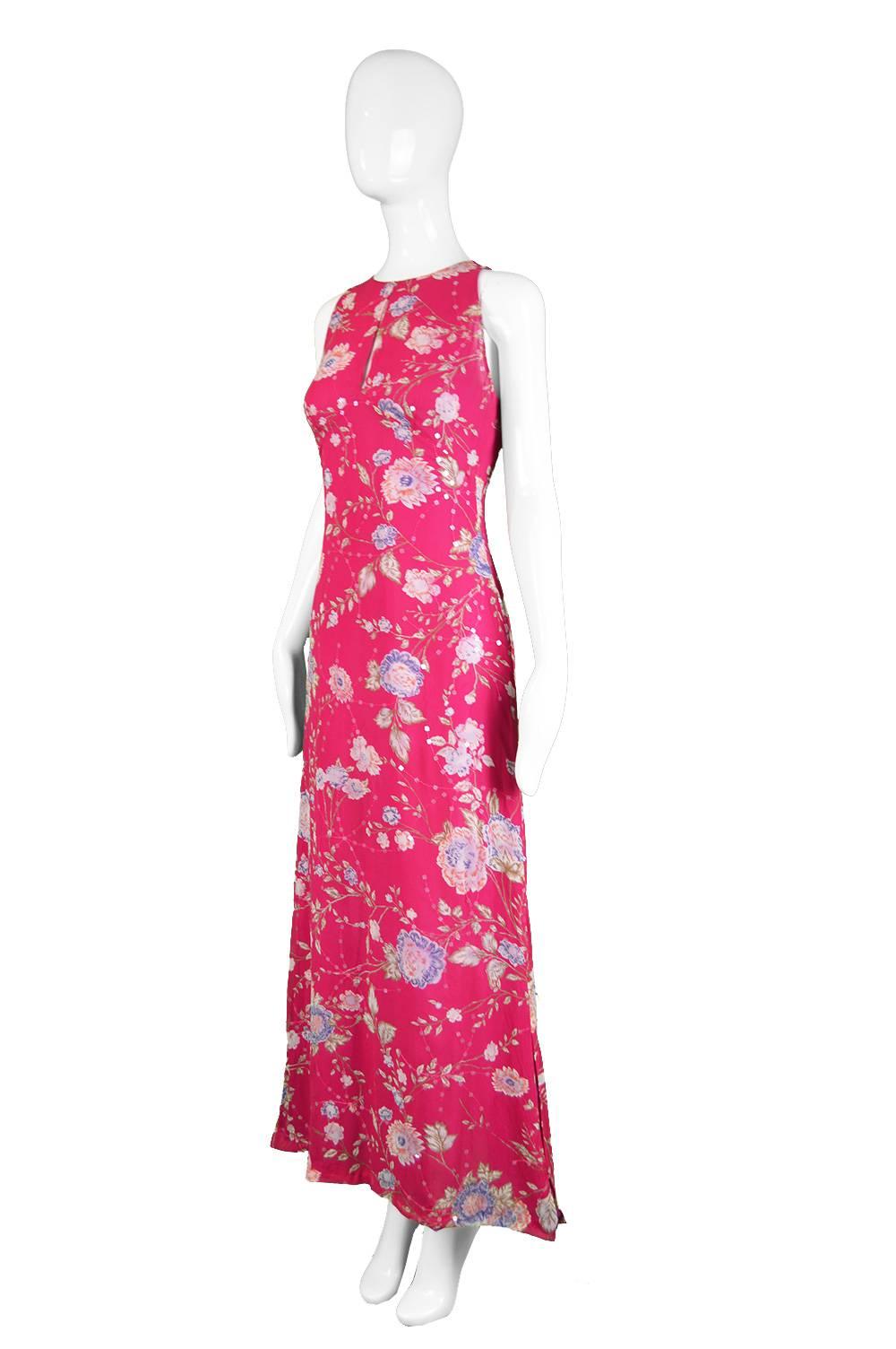 Emanuel Ungaro Vintage Fuschia Silk Floral Asian Maxi Dress, 1990s For Sale 1