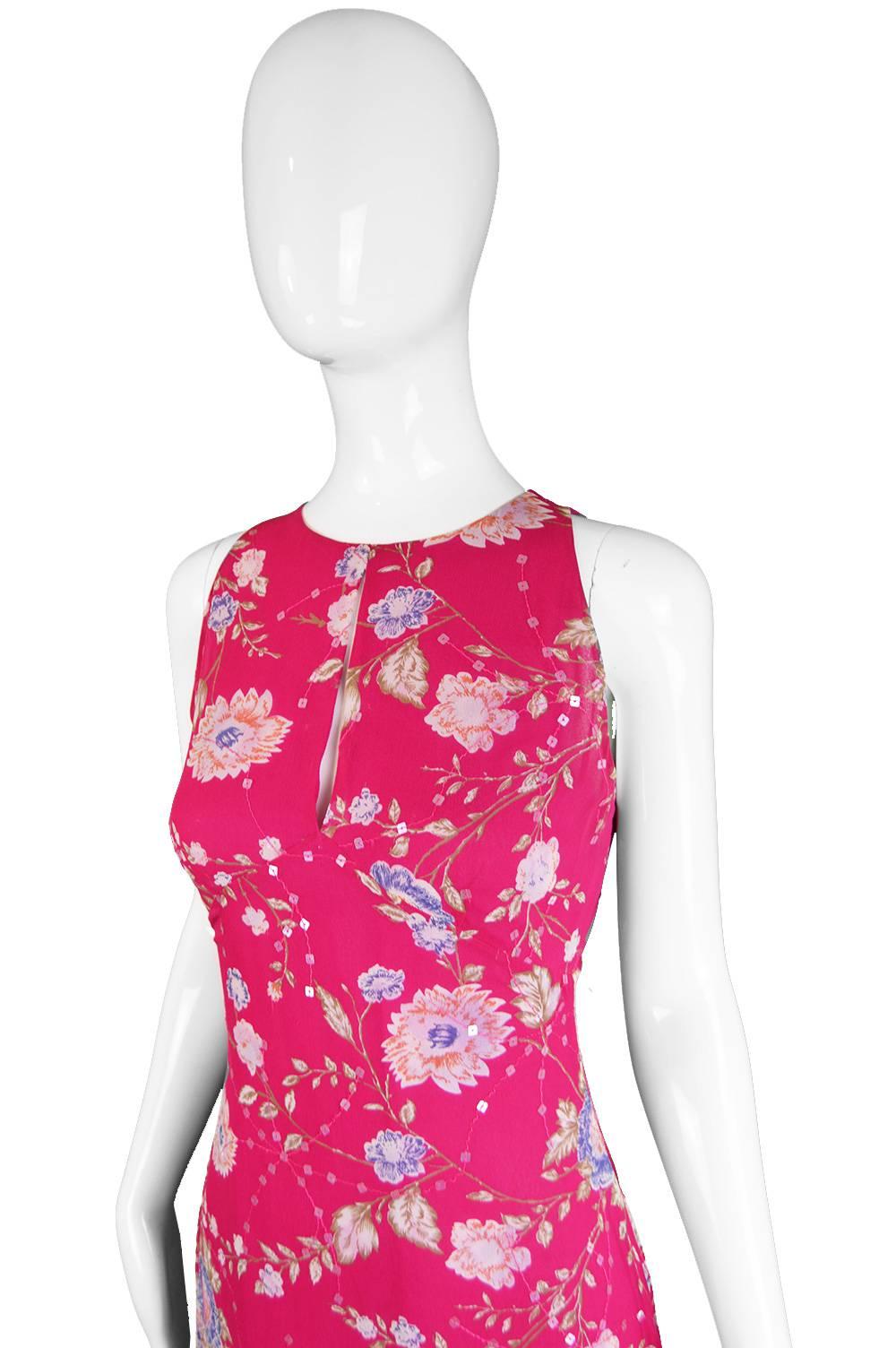 Pink Emanuel Ungaro Vintage Fuschia Silk Floral Asian Maxi Dress, 1990s For Sale