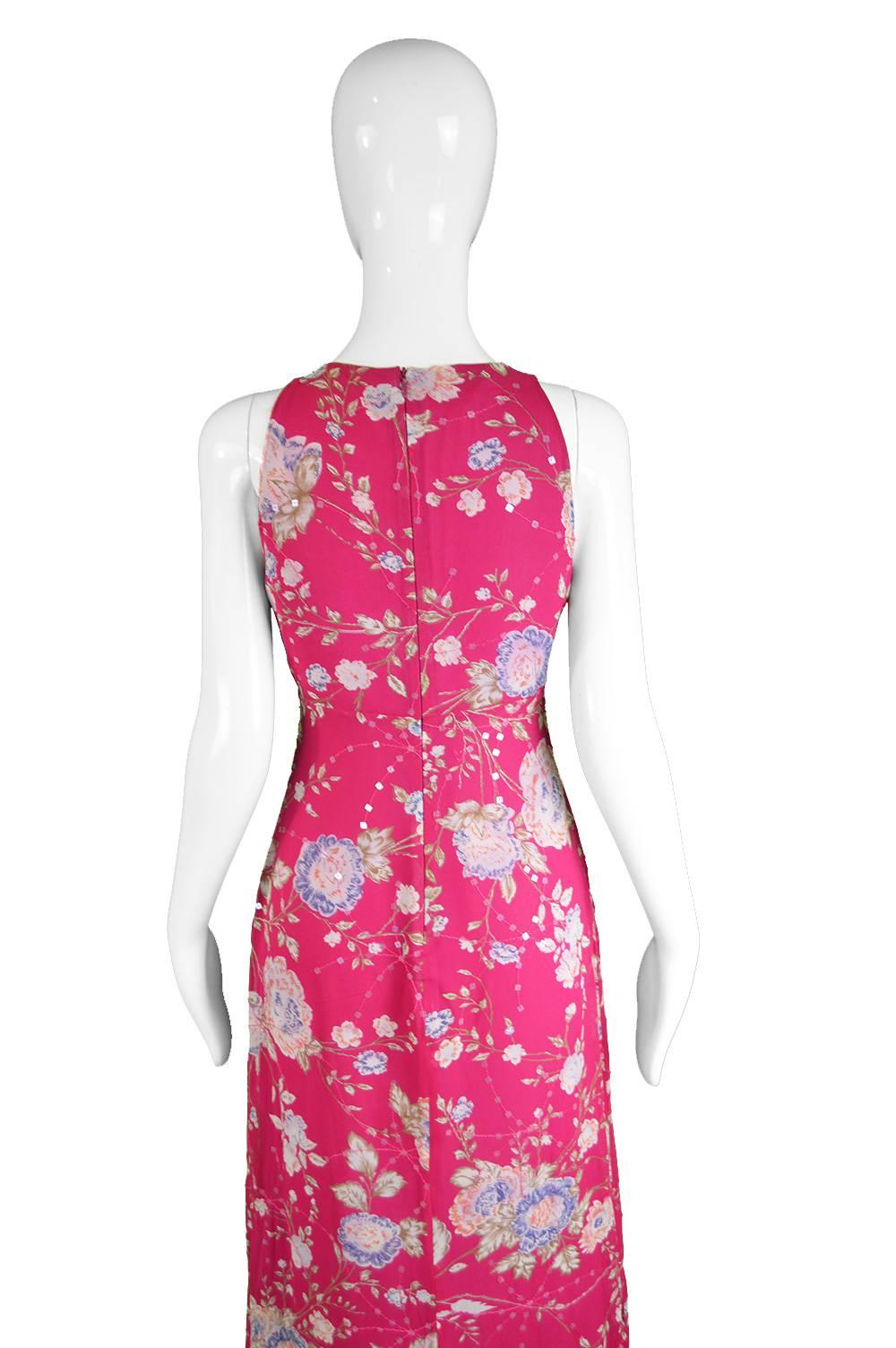 Emanuel Ungaro Vintage Fuschia Silk Floral Asian Maxi Dress, 1990s For Sale 4