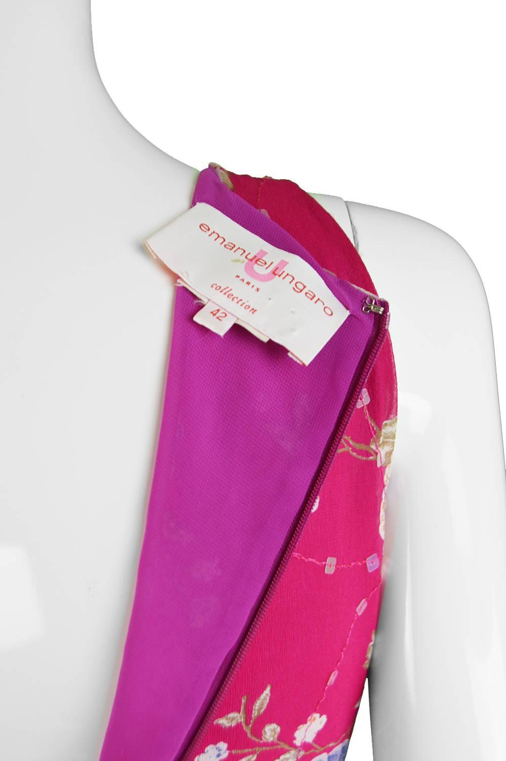 Emanuel Ungaro Vintage Fuschia Silk Floral Asian Maxi Dress, 1990s For Sale 5