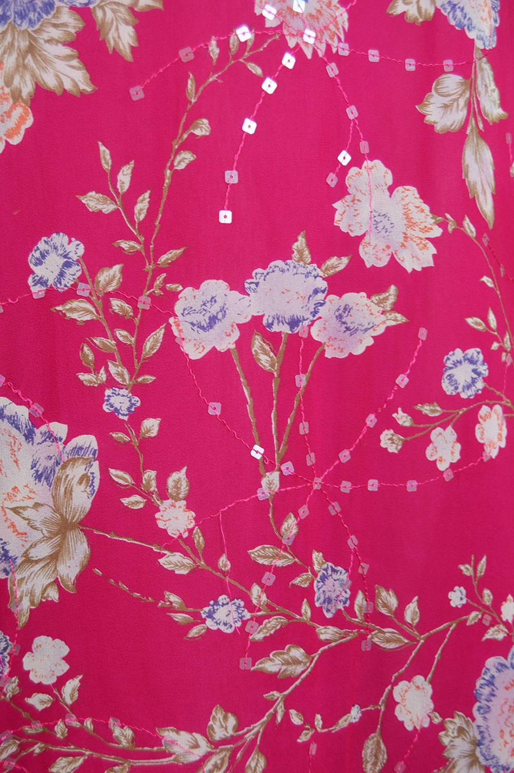 Emanuel Ungaro Vintage Fuschia Silk Floral Asian Maxi Dress, 1990s For Sale 2