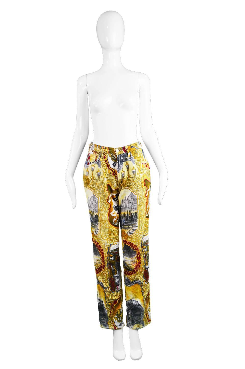 A stunning pair of cotton velvet trousers from the 90s by cult label Iceberg Jeans with a straight leg and incredible bright renaissance/ baroque print throughout. Looks great as part of both a women's or men's wardrobe.

Estimated Size: UK 10/ US