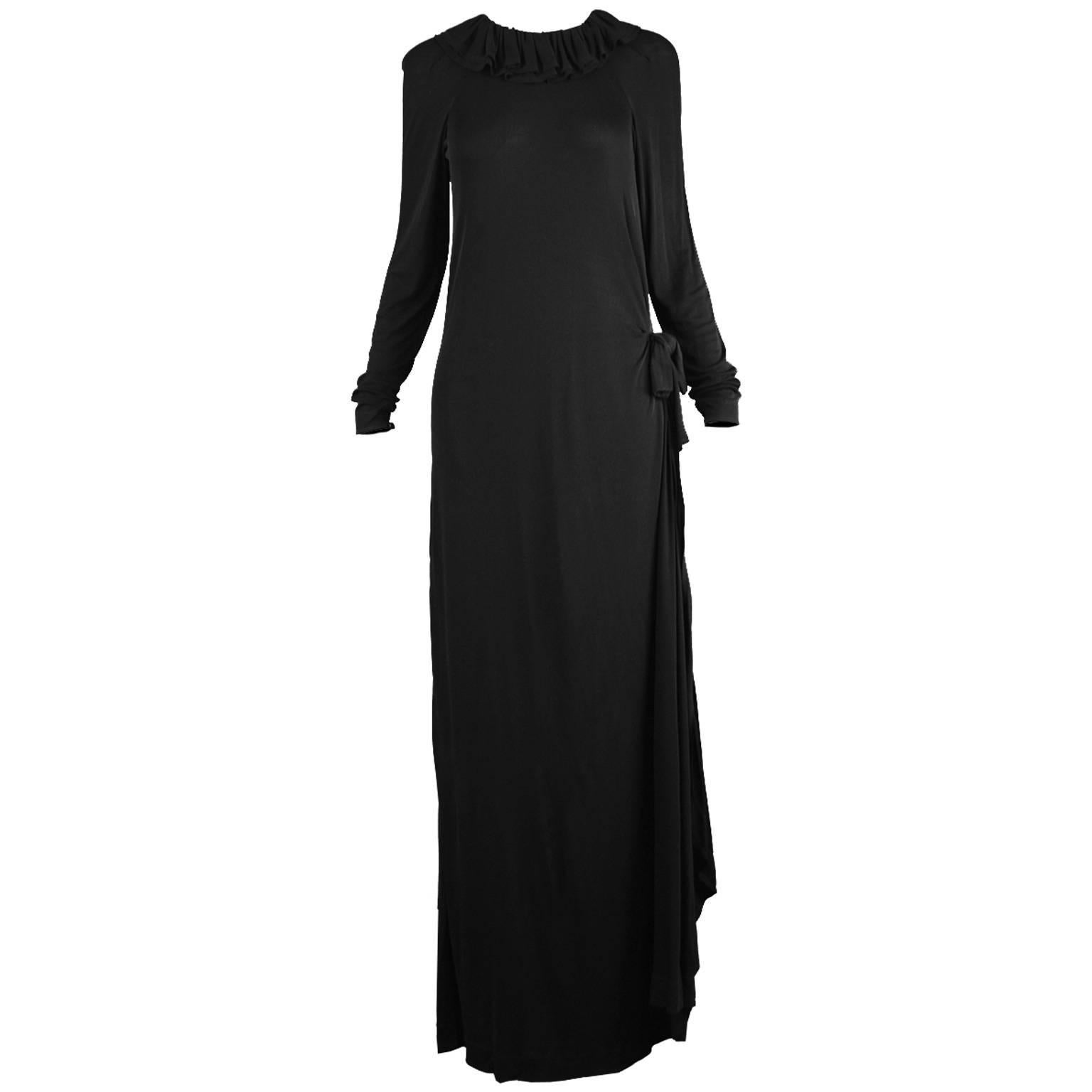 Jean Muir Black Draped Rayon Jersey Vintage Dress with Side Train, 1970s For Sale