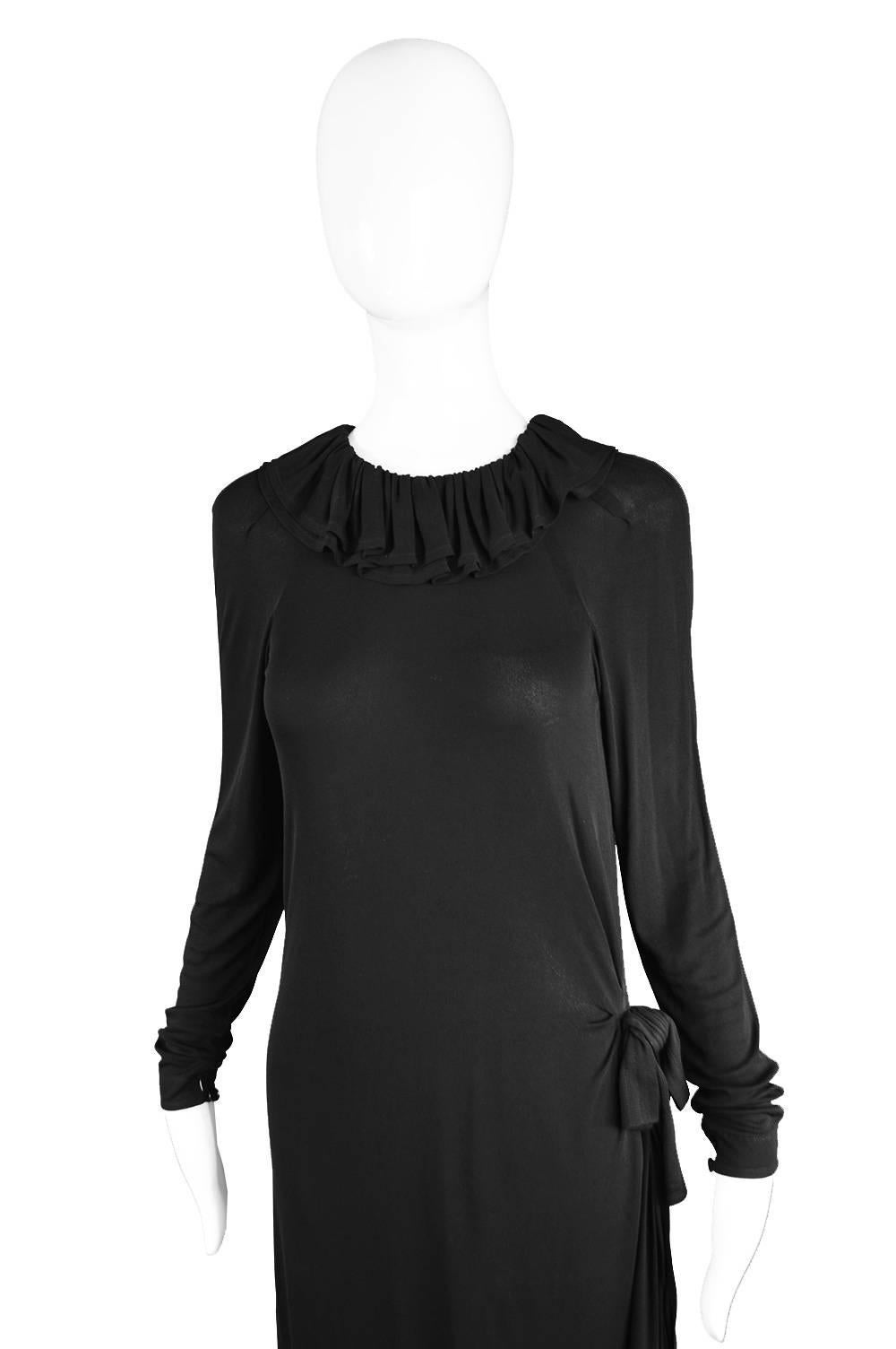 Jean Muir Black Draped Rayon Jersey Vintage Dress with Side Train, 1970s For Sale 1