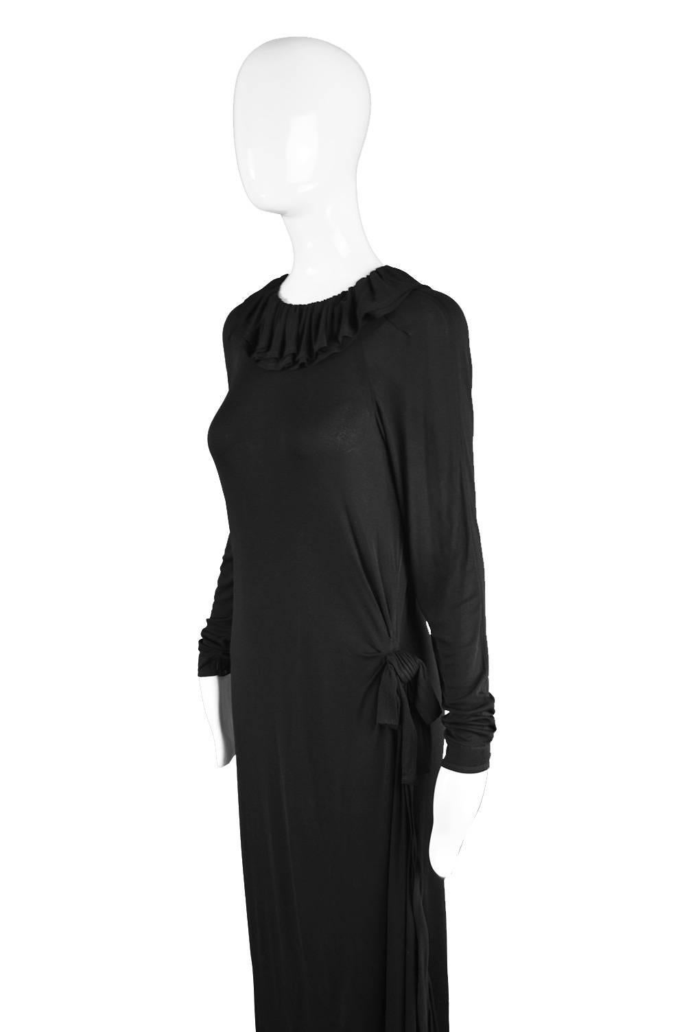 Women's Jean Muir Black Draped Rayon Jersey Vintage Dress with Side Train, 1970s For Sale