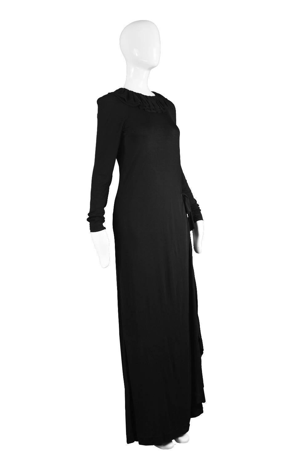 Jean Muir Black Draped Rayon Jersey Vintage Dress with Side Train, 1970s For Sale 2