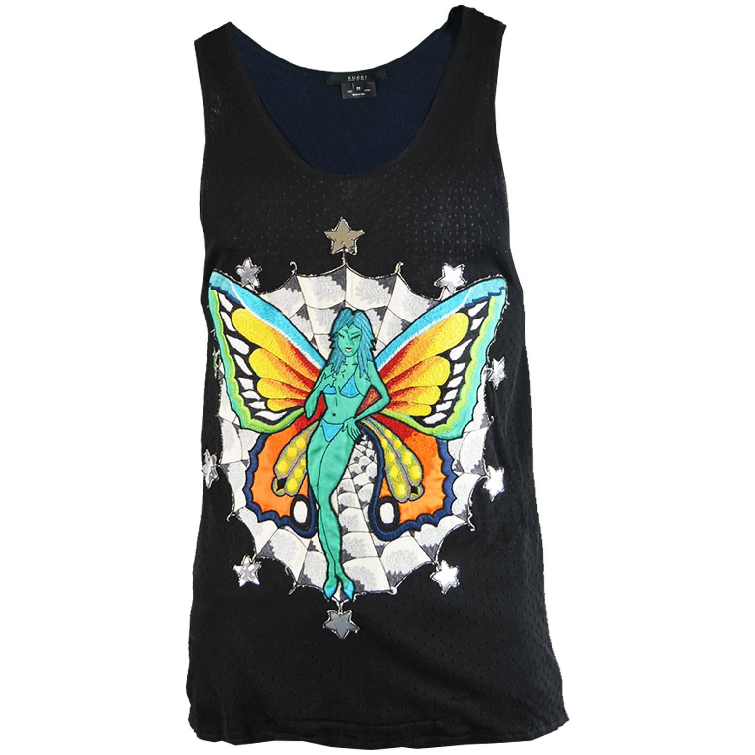 Tom Ford for Gucci Mens Rayon Knit Tank Top with Embroidered Fairy, S/S 2002  For Sale