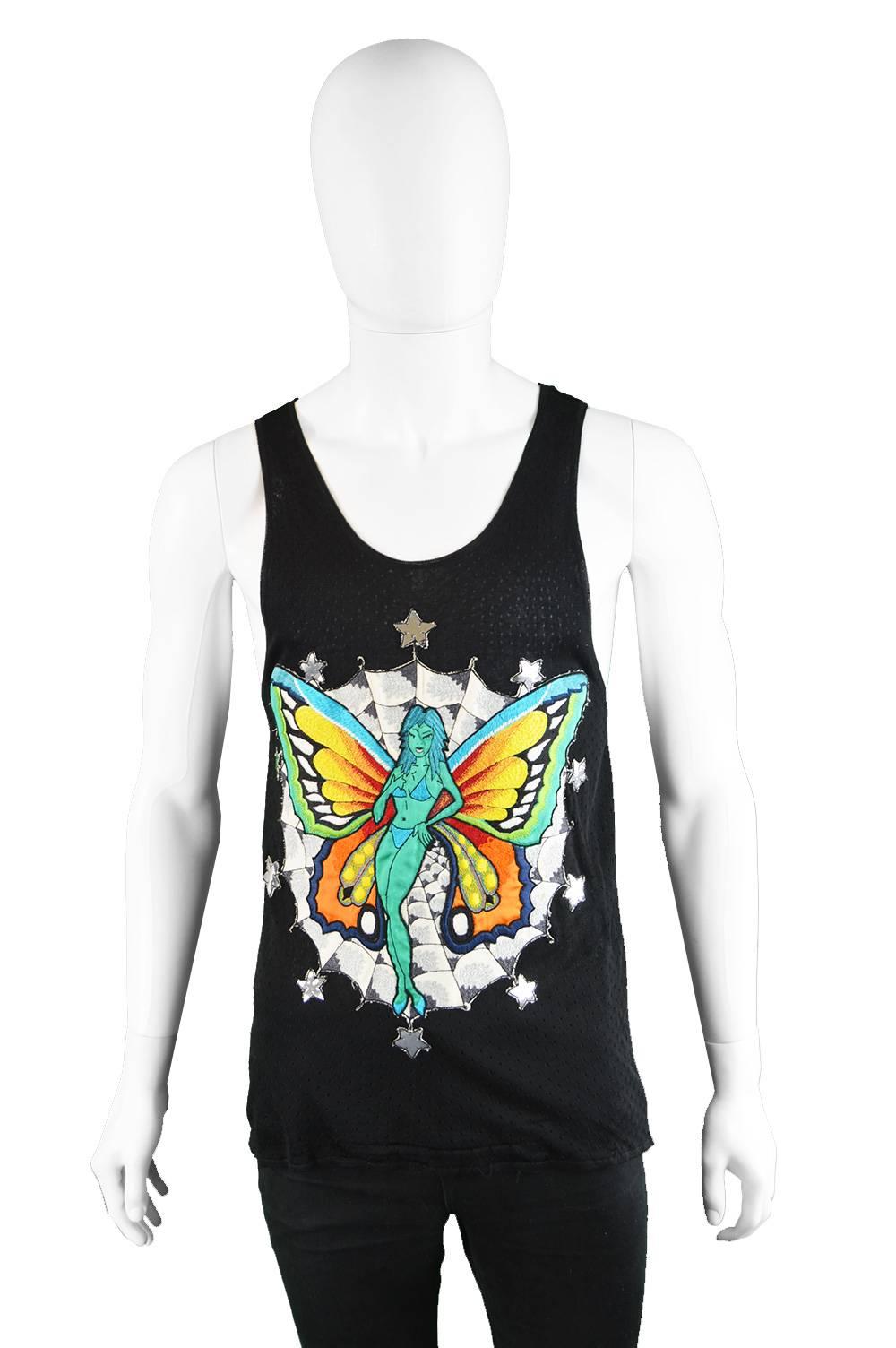 Black Tom Ford for Gucci Mens Rayon Knit Tank Top with Embroidered Fairy, S/S 2002 