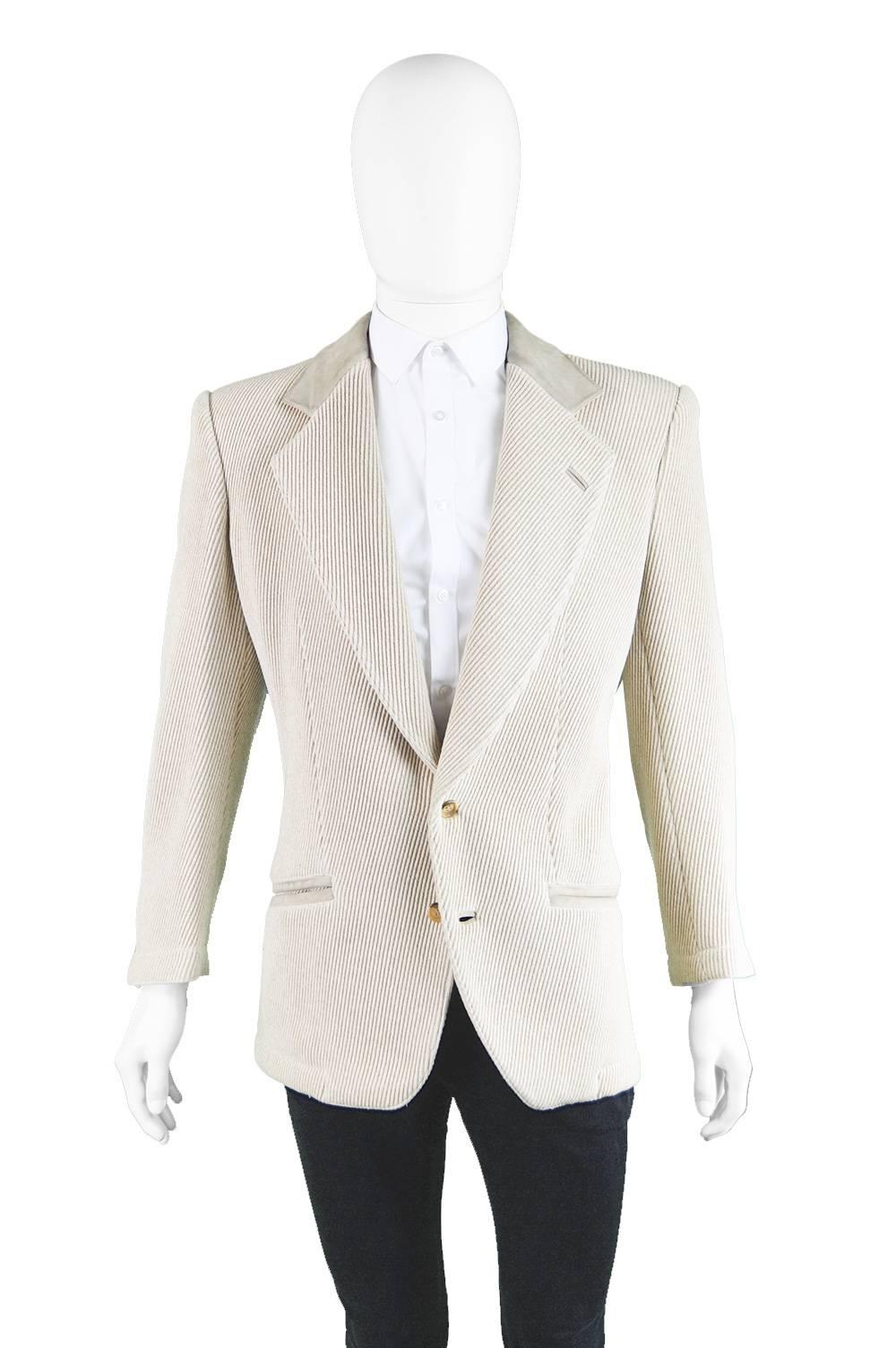 Gray Claude Montana Mens Vintage Ribbed Virgin Wool & Suede Blazer, 1980s