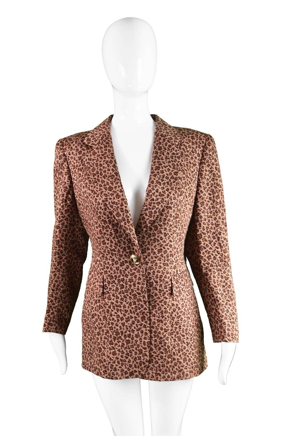 Brown Escada Leopard Print Silk, Wool & Gold Lurex Blazer, 1980s
