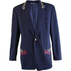 Byblos Men's Navy Blue Embroidered Wool Blazer, 1980s