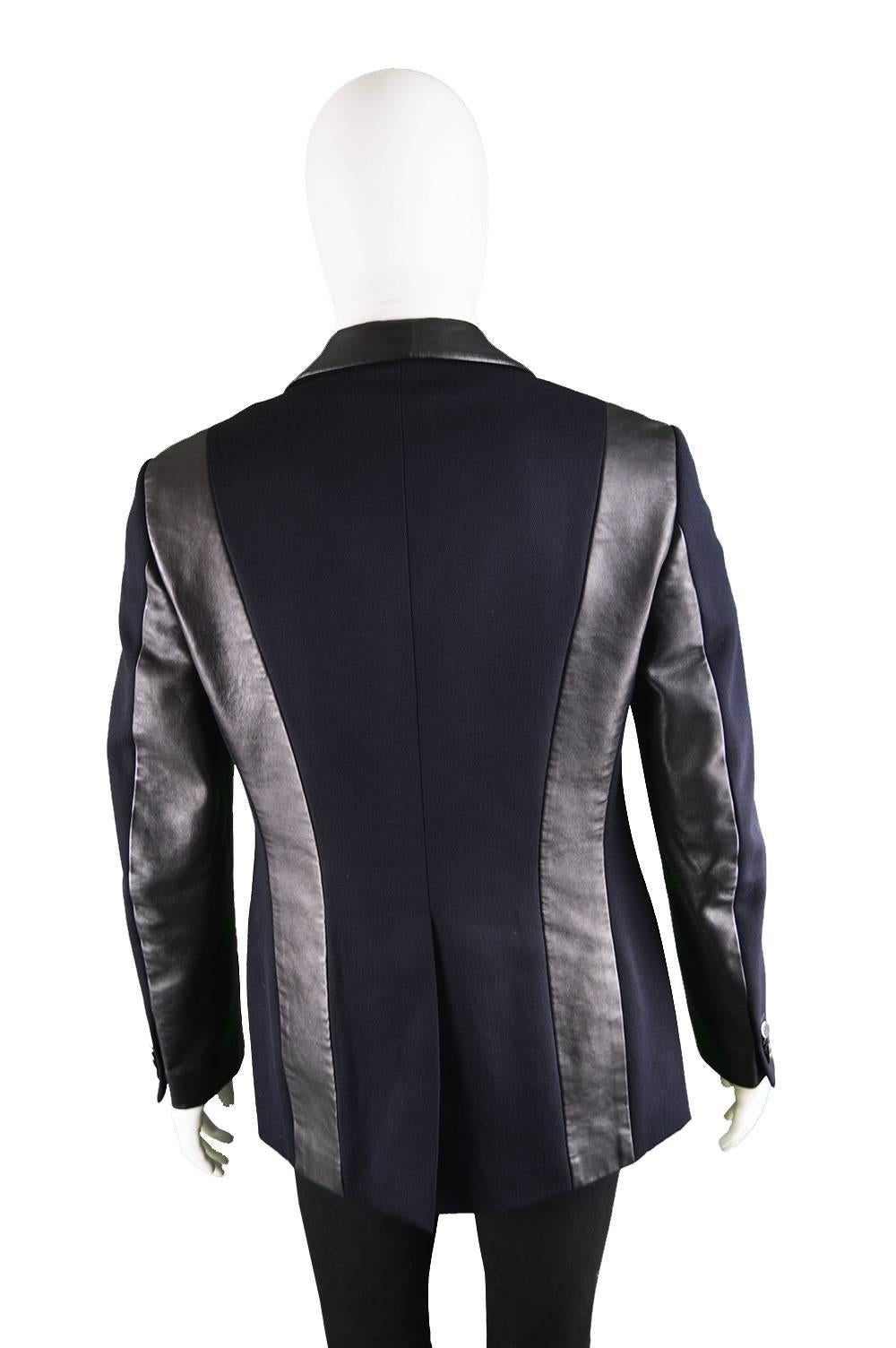 Thierry Mugler Men's Vintage Navy Blue Wool & Black Leather Panel Blazer 1