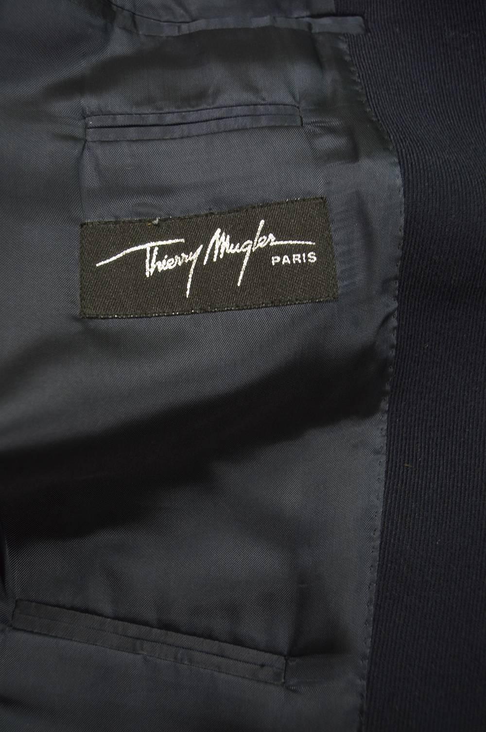 Thierry Mugler Men's Vintage Navy Blue Wool & Black Leather Panel Blazer 2