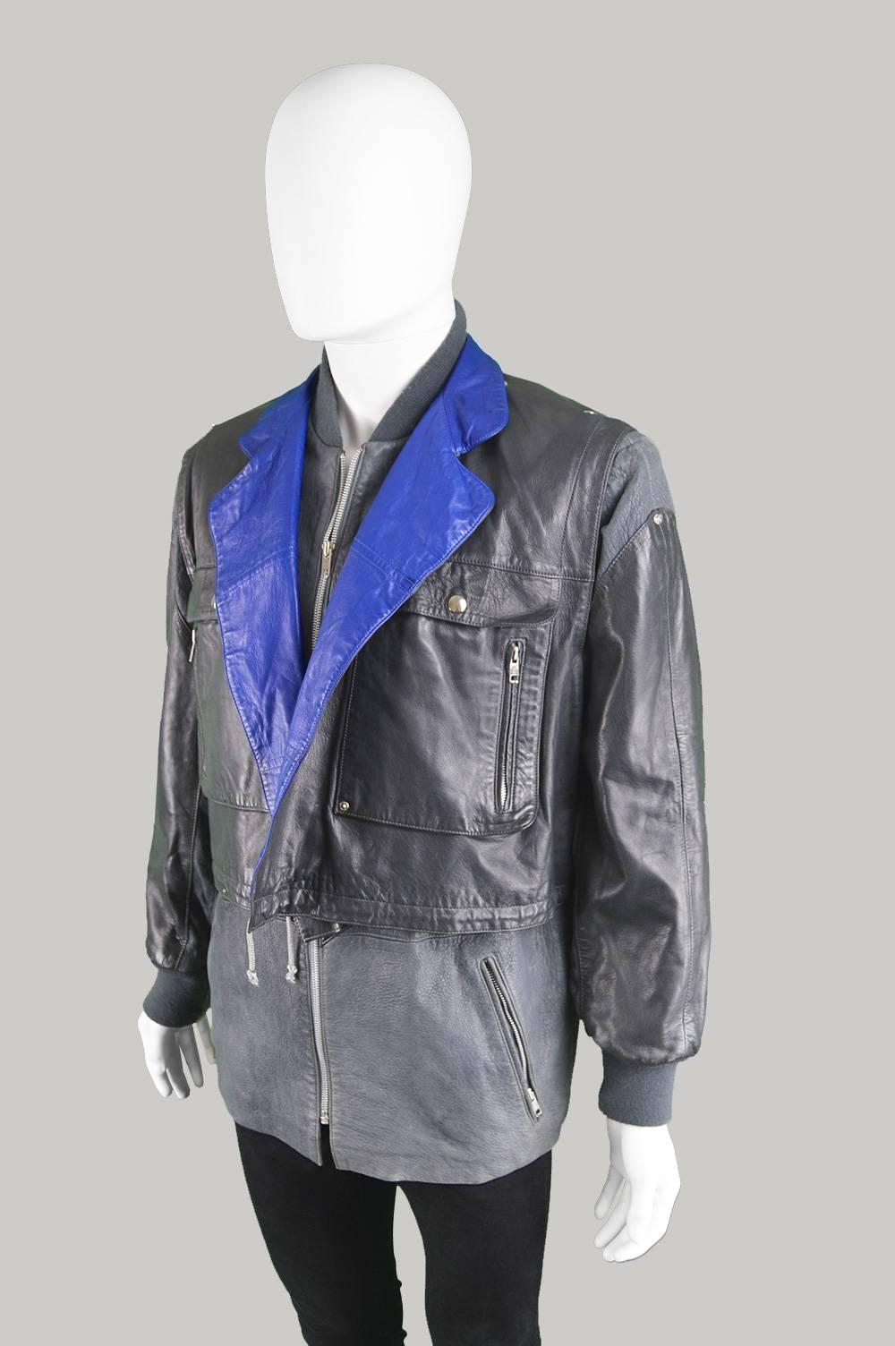 An incredible men's two piece leather jacket and detachable vest set from the 80s by legendary French designer, Claude Montana for the 'pour Ideal Cuir' line. 

Size: Label states EU 50 which is roughly a modern men's Medium
Chest - up to 46” /