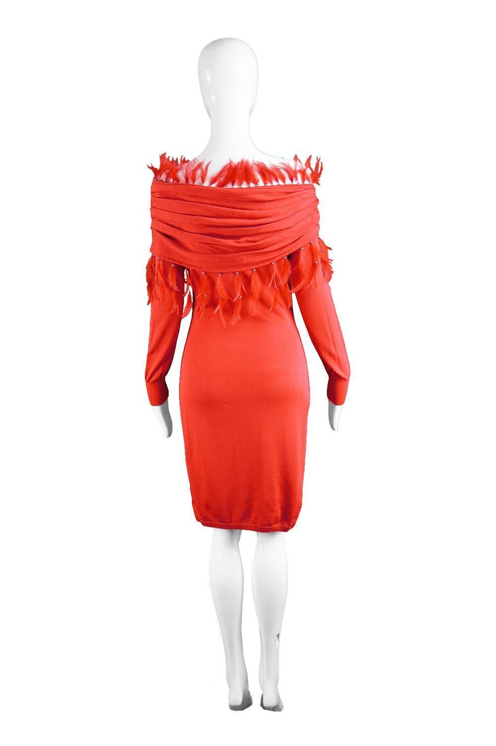Gianni Versace Vintage Red Rayon Knit Off the Shoulder Feather Trim Dress, 1980s 1