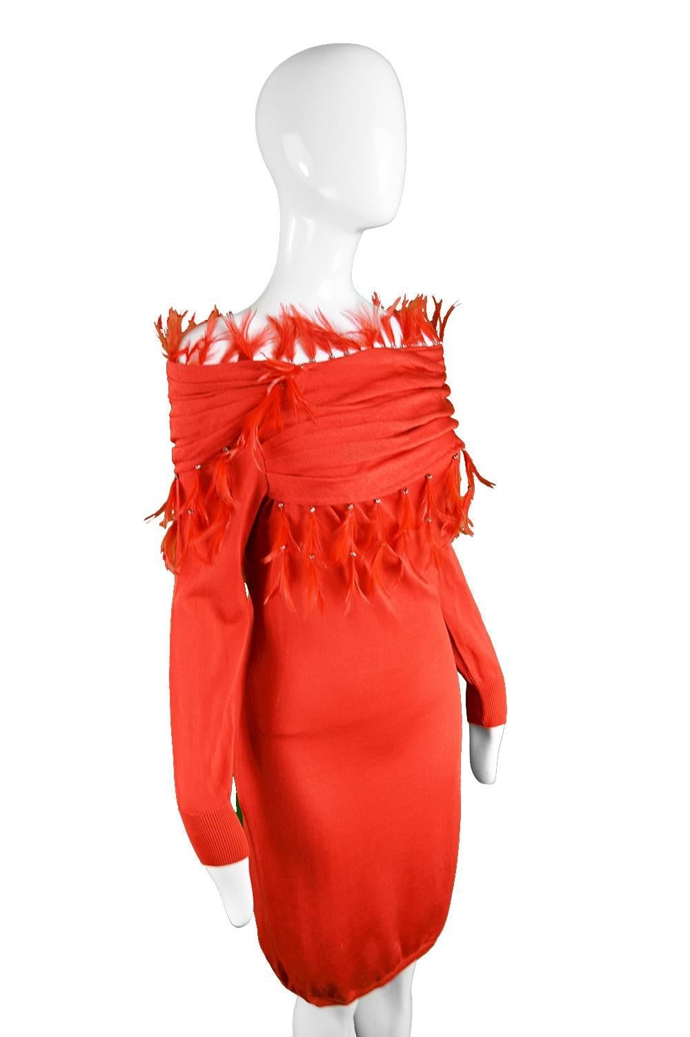 Gianni Versace Vintage Red Rayon Knit Off the Shoulder Feather Trim Dress, 1980s In Excellent Condition In Doncaster, South Yorkshire