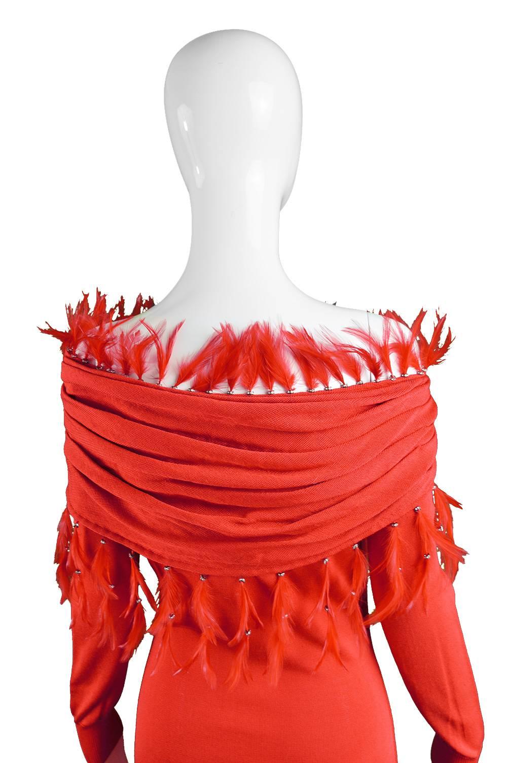 Gianni Versace Vintage Red Rayon Knit Off the Shoulder Feather Trim Dress, 1980s 2