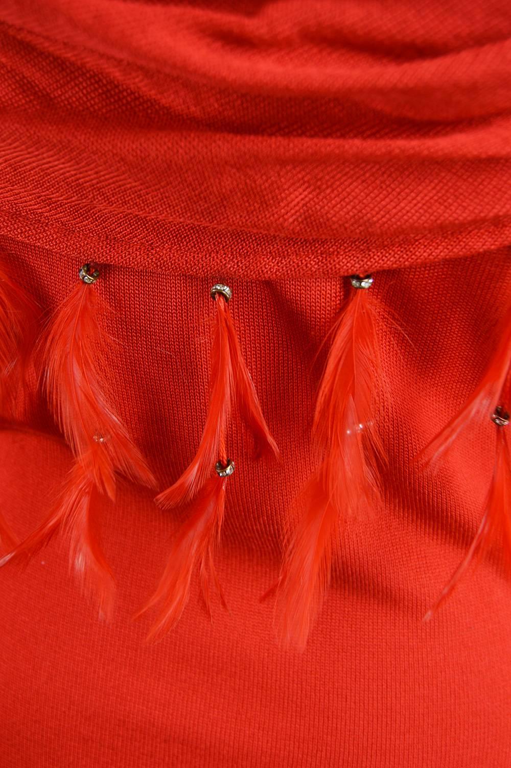 Gianni Versace Vintage Red Rayon Knit Off the Shoulder Feather Trim Dress, 1980s 3