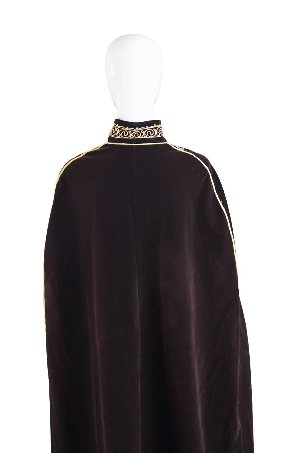 Women's or Men's Brown Velvet Full Length Vintage Gold Embroidered Cape, 1970s